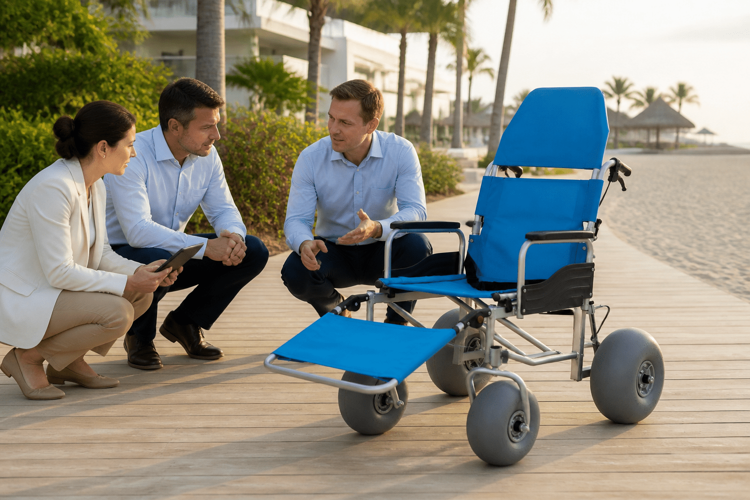 Procurement team reviewing an all-terrain beach wheelchair