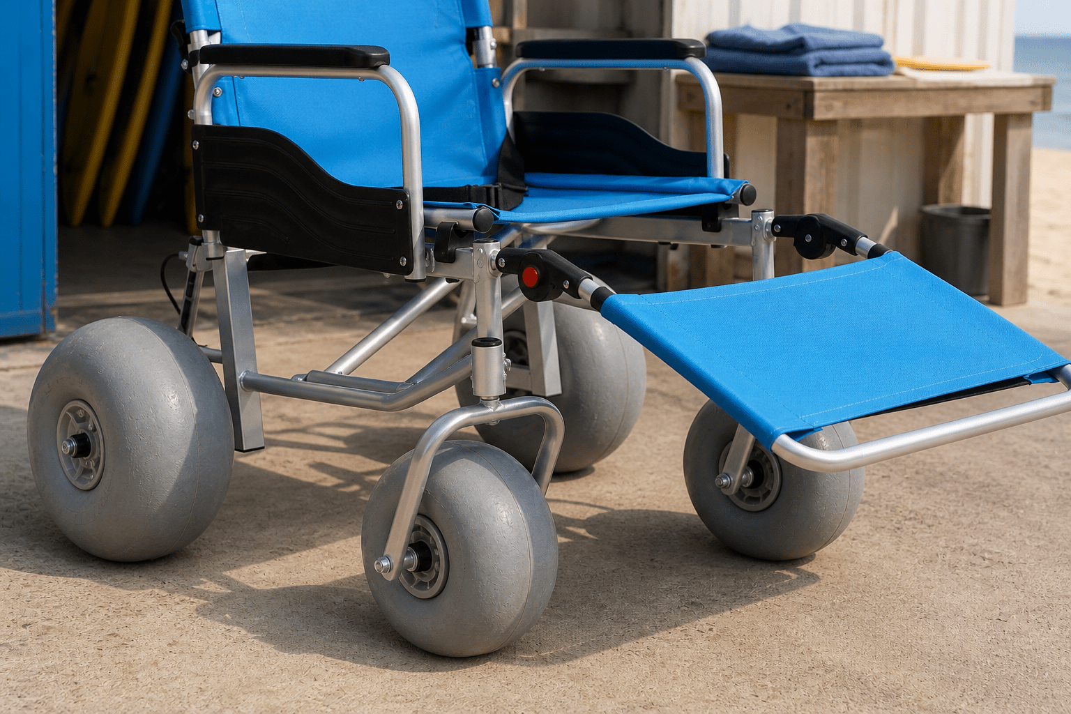 Close detail of tire, frame, footrest, and arm support