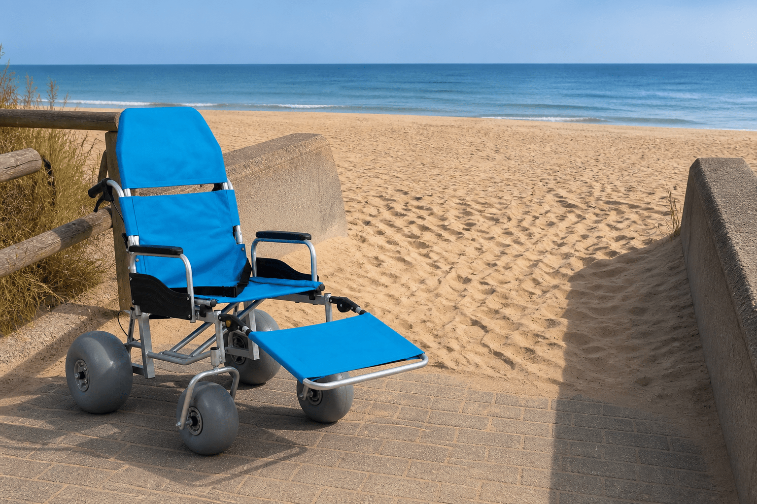 All-terrain beach wheelchair at a soft-sand route change
