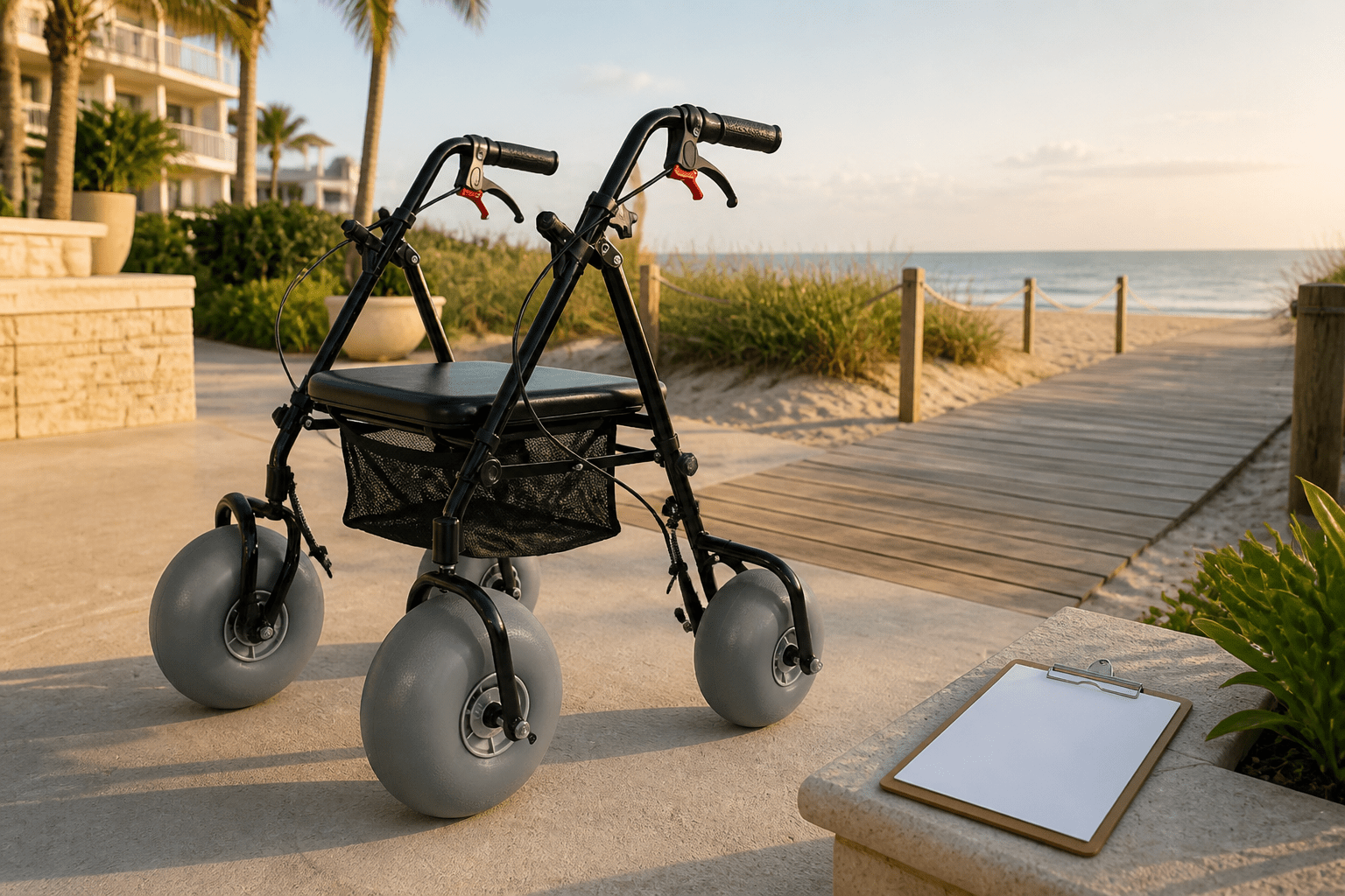 Beach walker sample and blank clipboard at a coastal resort access point