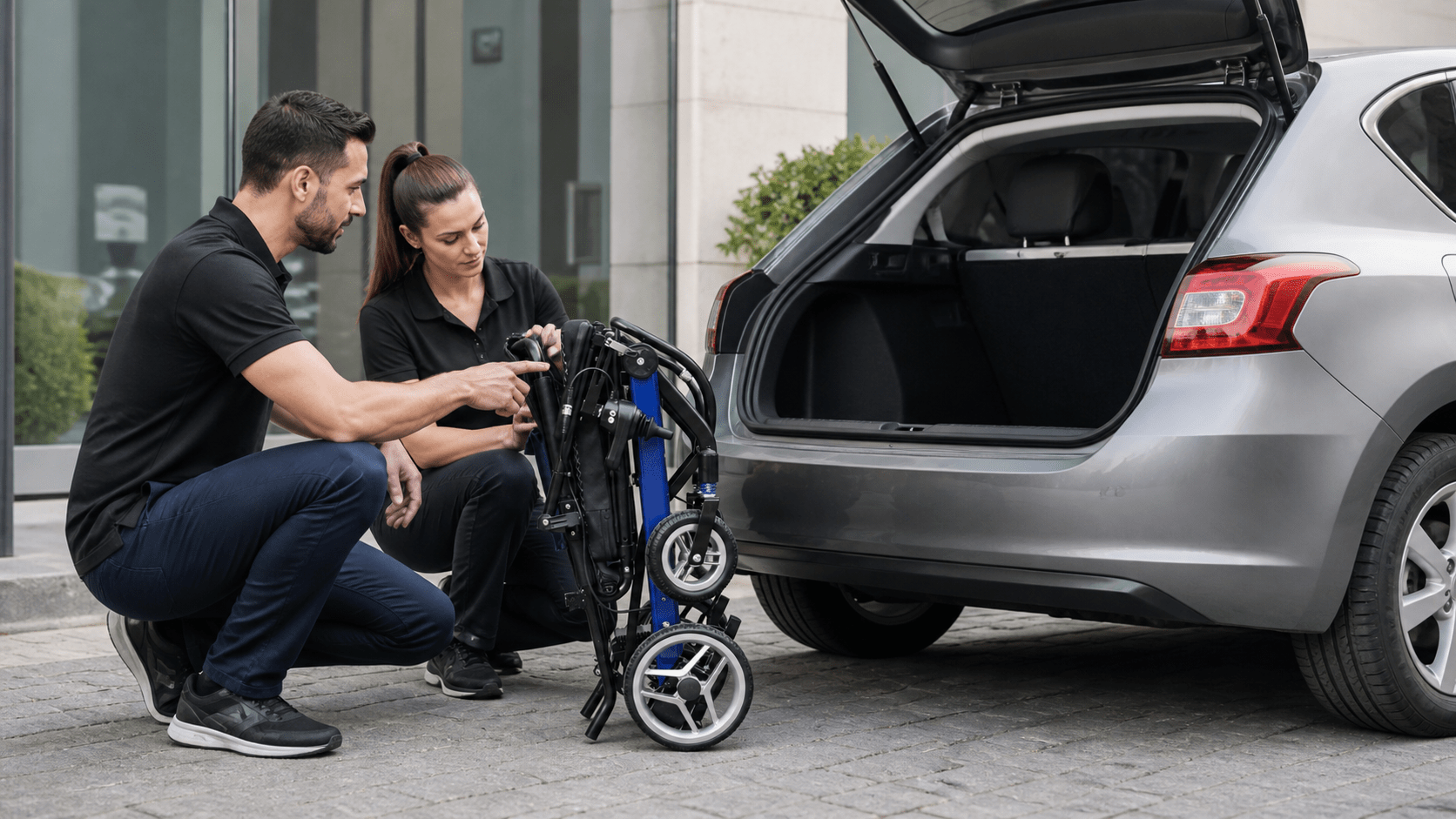Staff checking a folded compact electric wheelchair beside a car