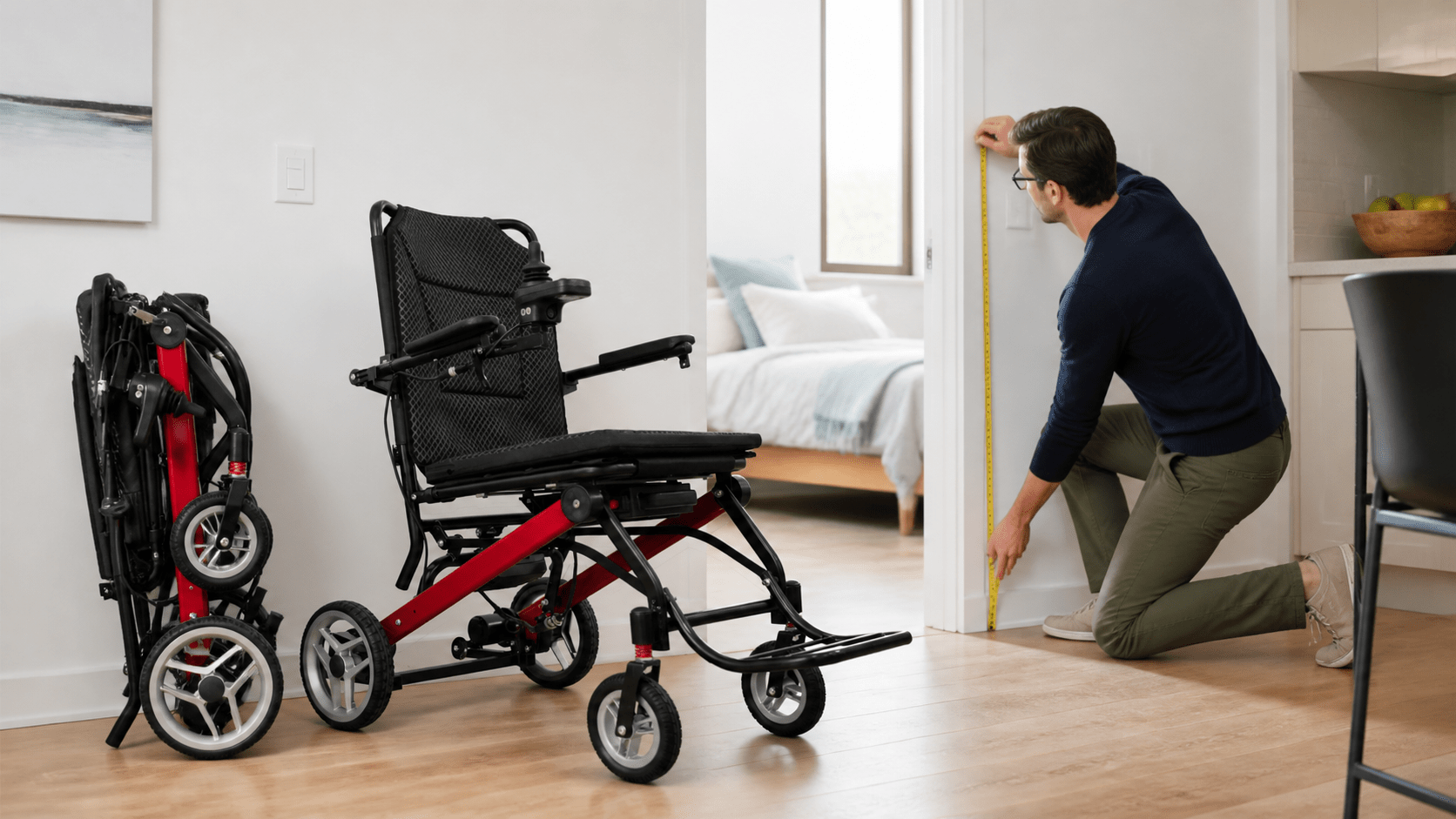 Evaluator measuring a doorway beside a compact electric wheelchair