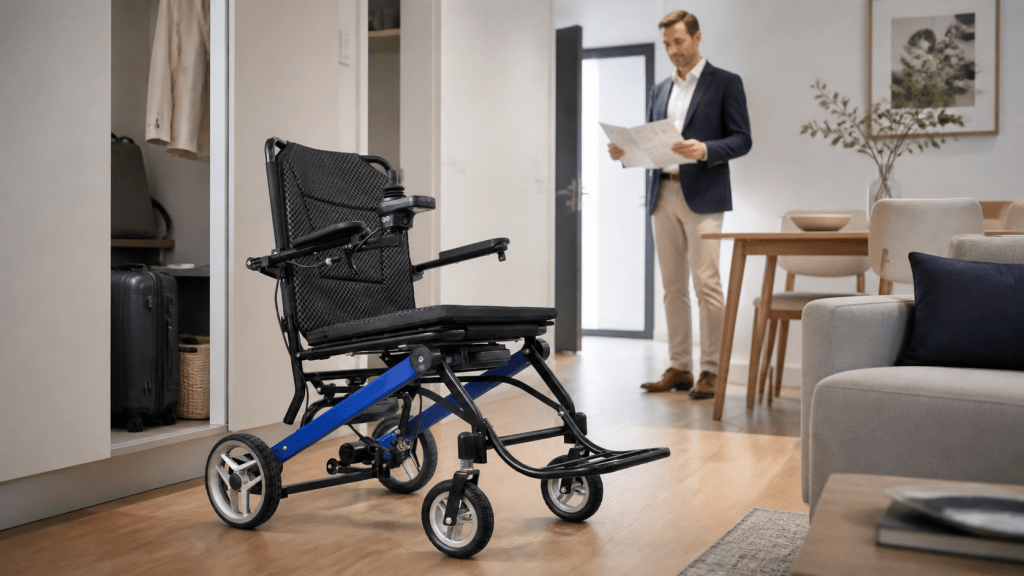 Compact electric wheelchair in a bright space-efficient apartment