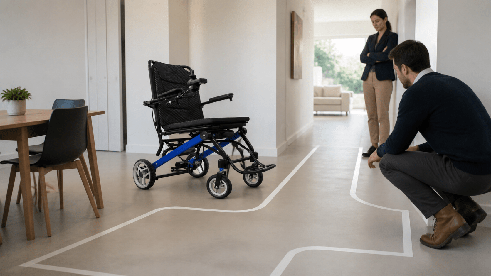 Buyers observing a compact electric wheelchair turning route