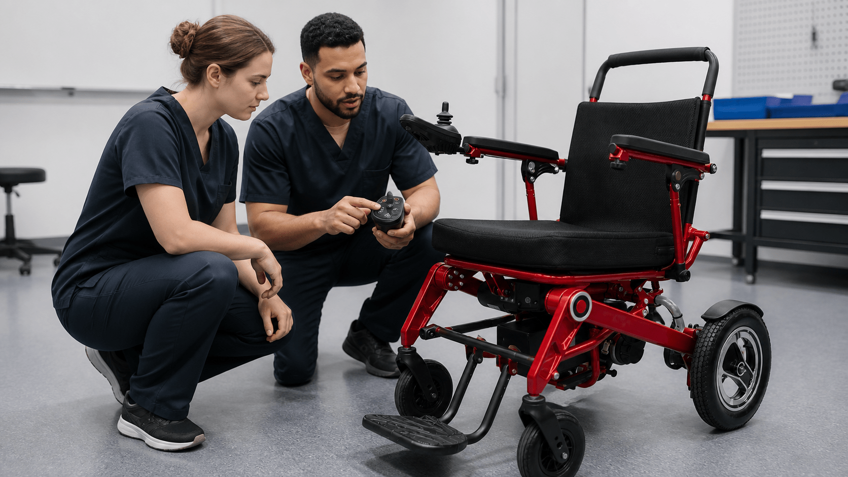 Staff learning attendant control on an electric mobility chair