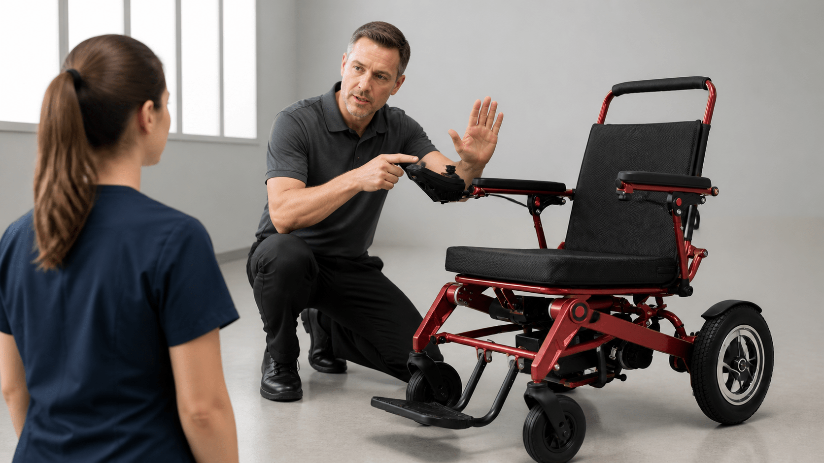 Trainer teaching joystick and stop actions on an electric mobility chair