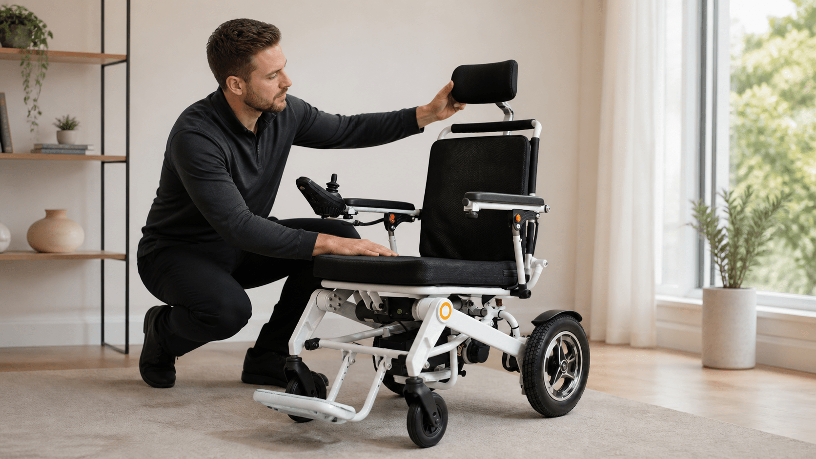 Trainer checking headrest and cushion setup on an electric mobility chair