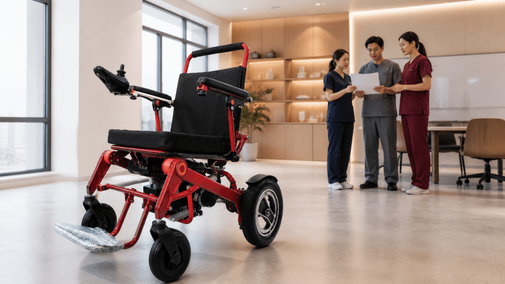 Electric mobility chair in a professional staff training room