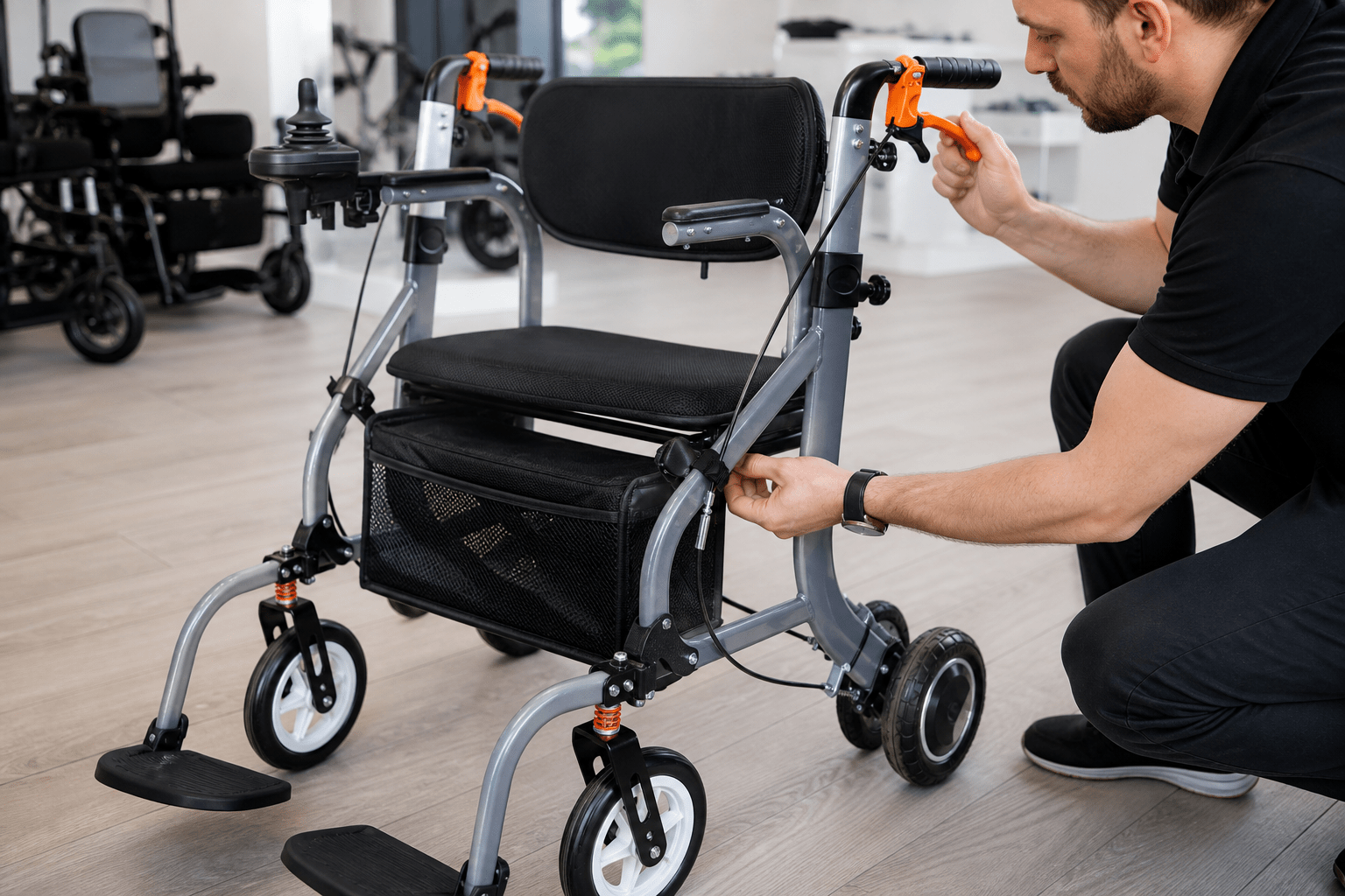 Buyer inspecting electric walker brake levers controls and cables