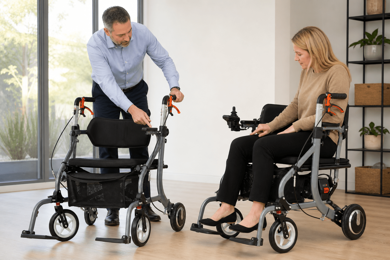 Two electric walker configurations reviewed in a showroom