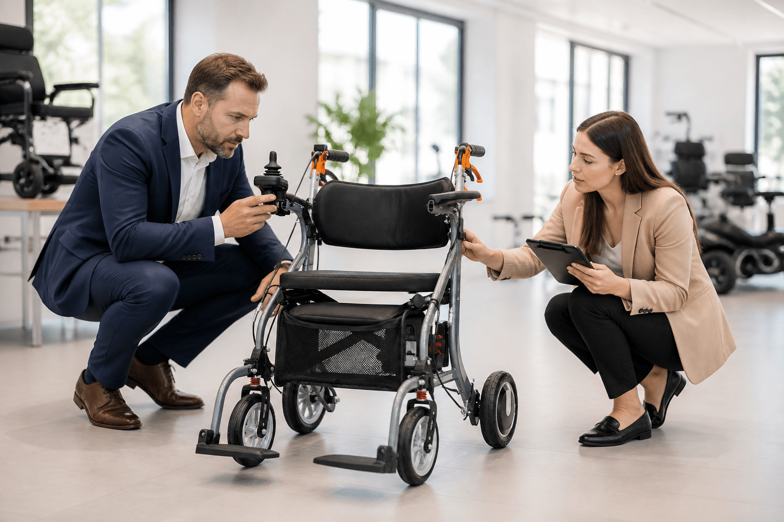 Business buyers reviewing a multifunction electric walker