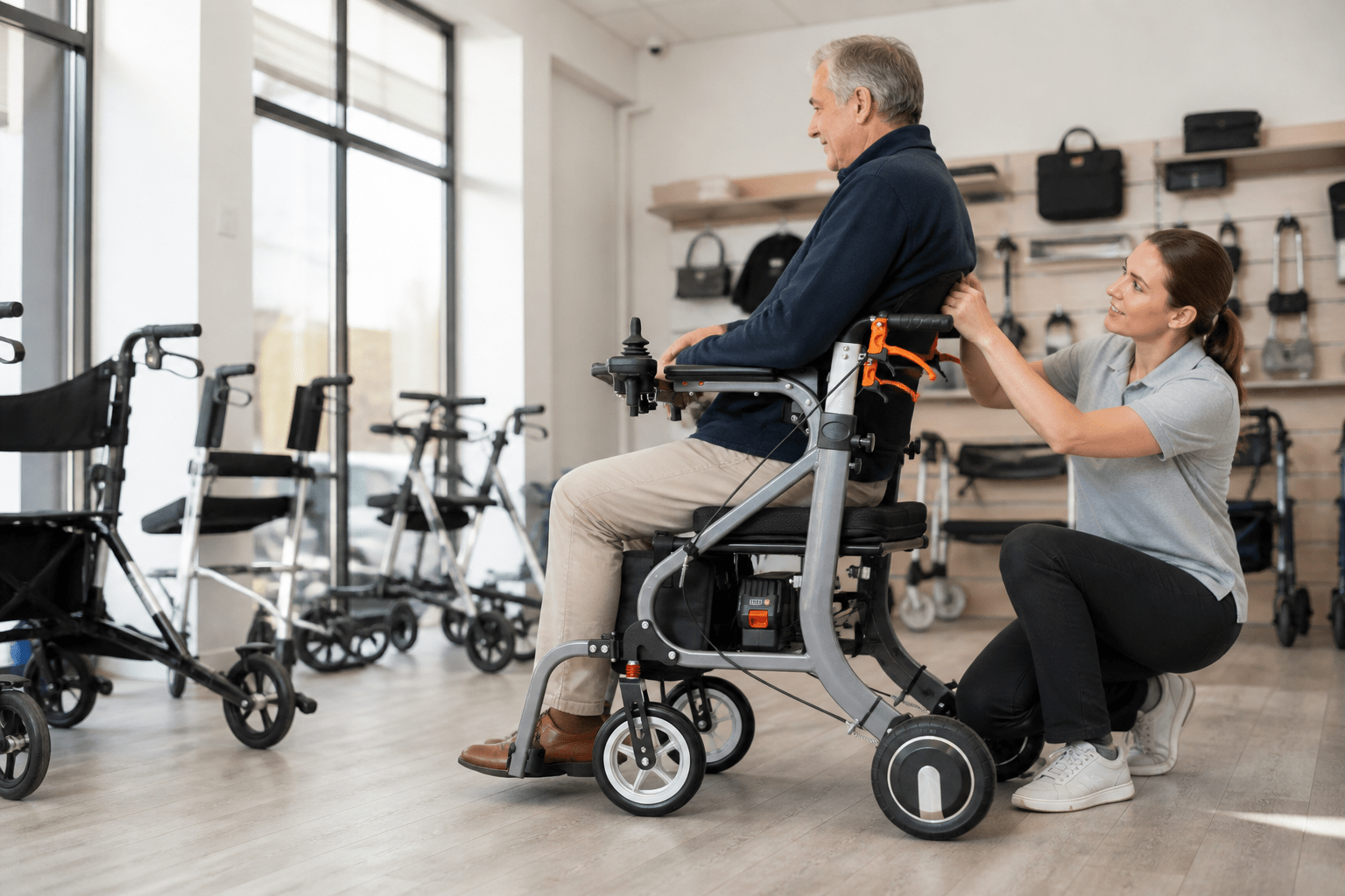 Buyer and specialist checking the fit of an electric walker