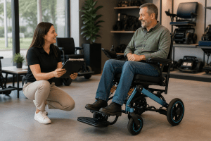 Adult user and distributor specialist reviewing an electric wheelchair