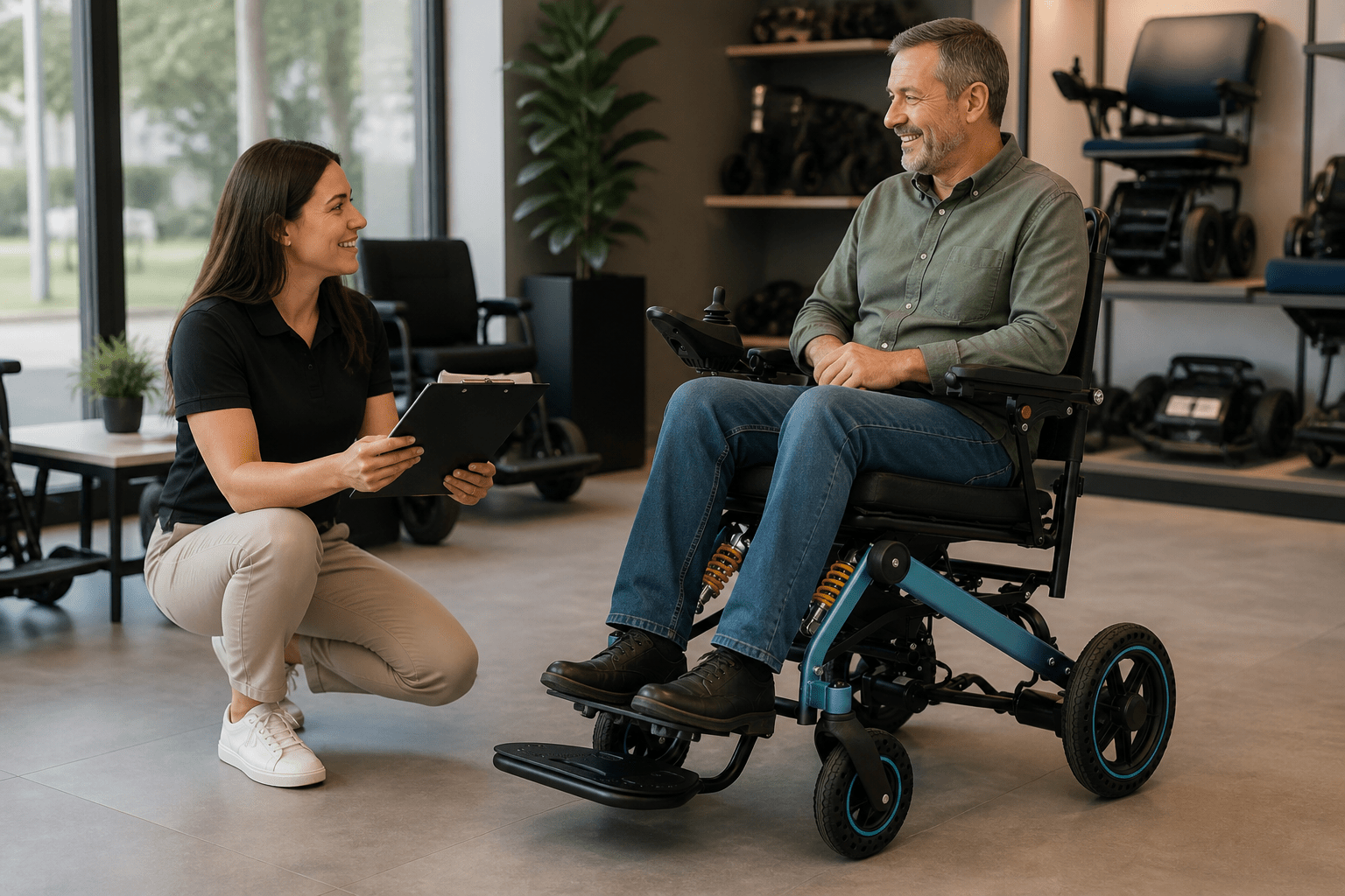 Adult user and distributor specialist reviewing an electric wheelchair