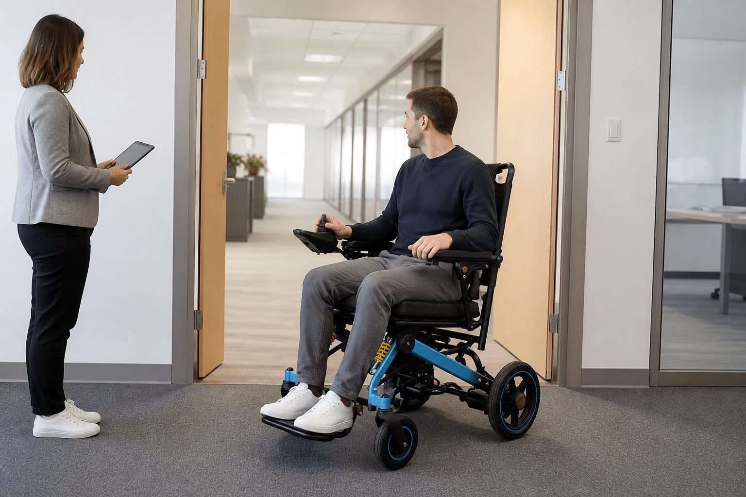 Adult testing an electric wheelchair through a workplace doorway