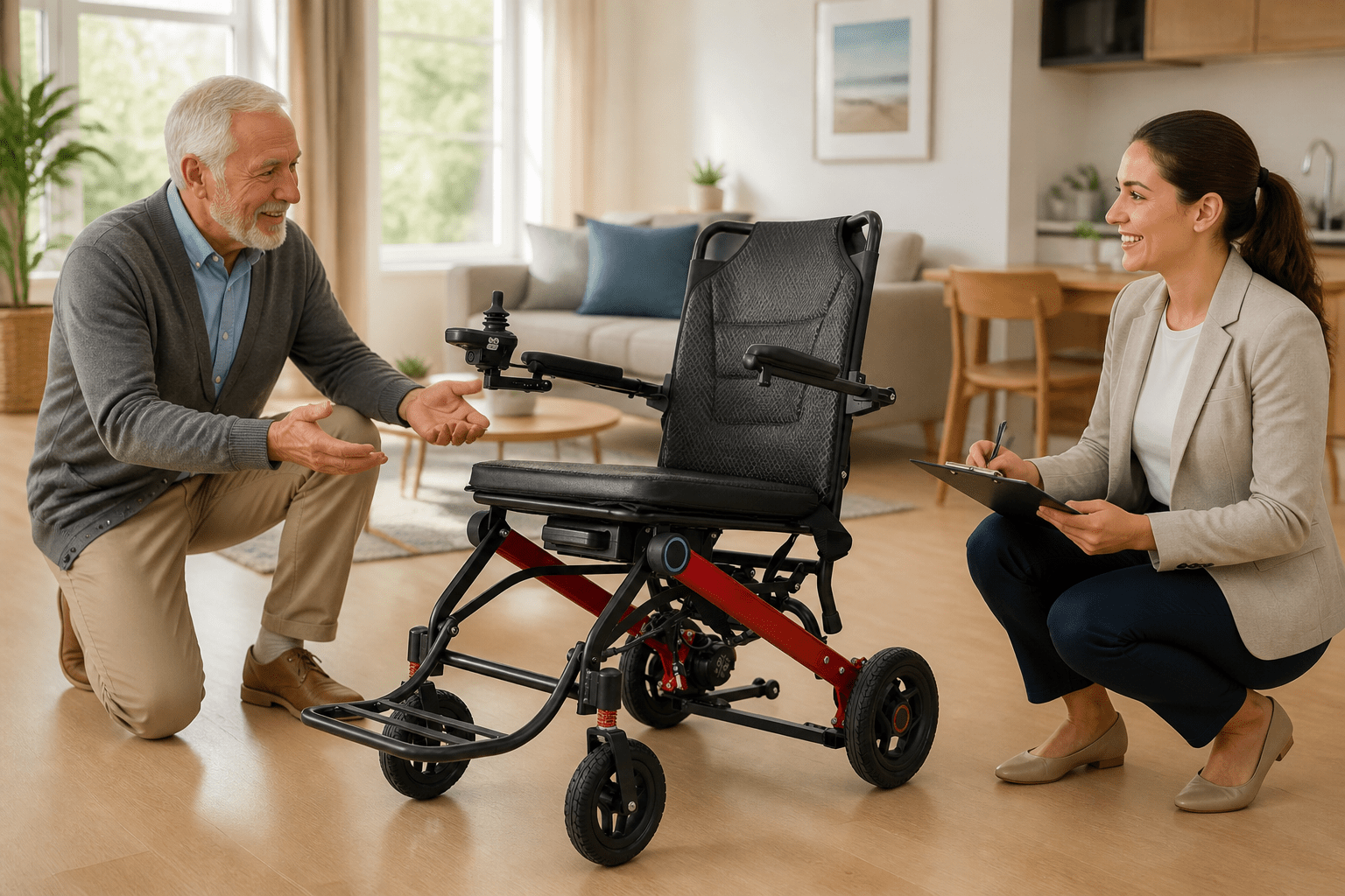 Electric wheelchair for seniors reviewed in a bright apartment
