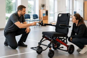 Staff reviewing an electric wheelchair joystick before handover