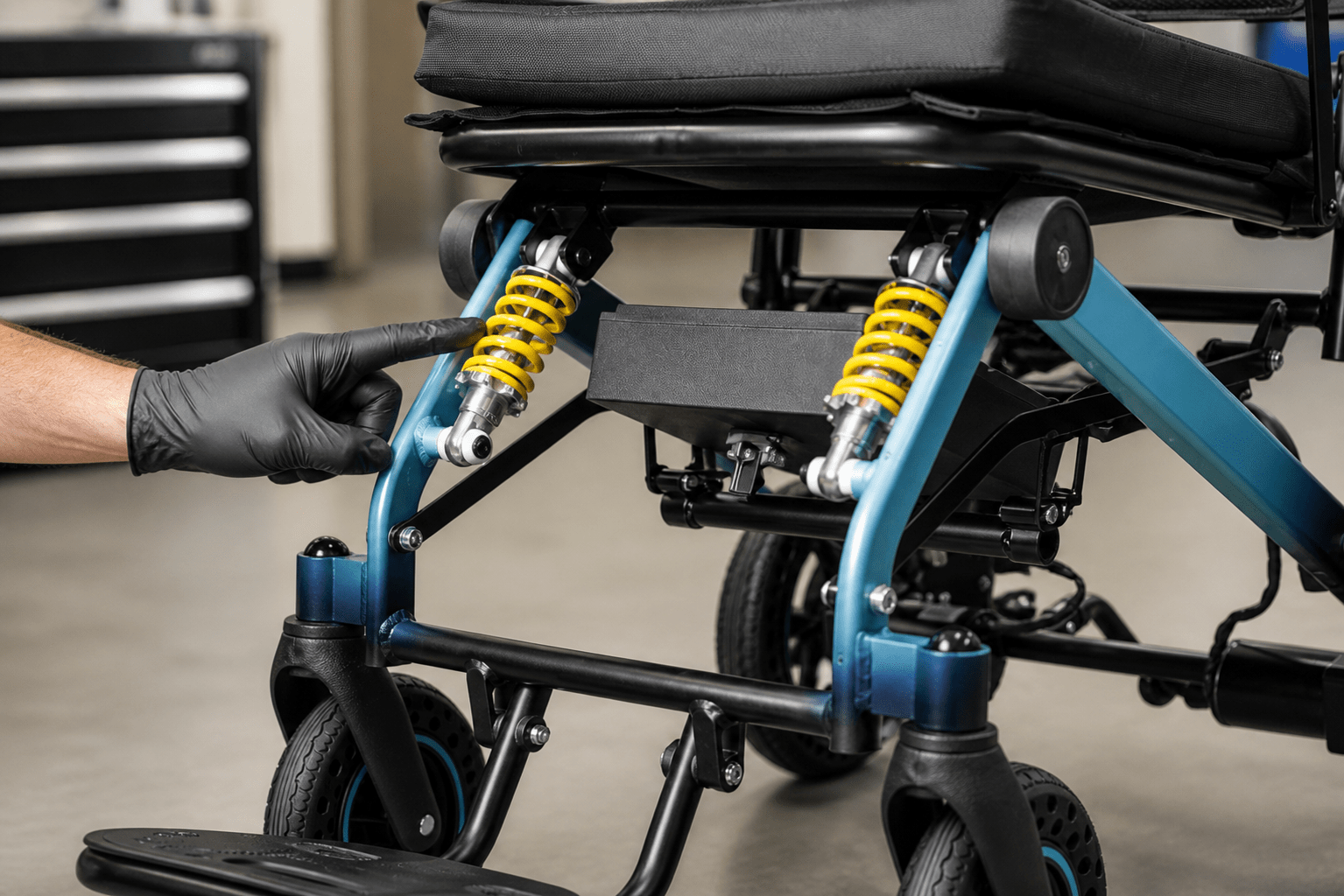 Technician pointing toward yellow suspension springs on an electric wheelchair