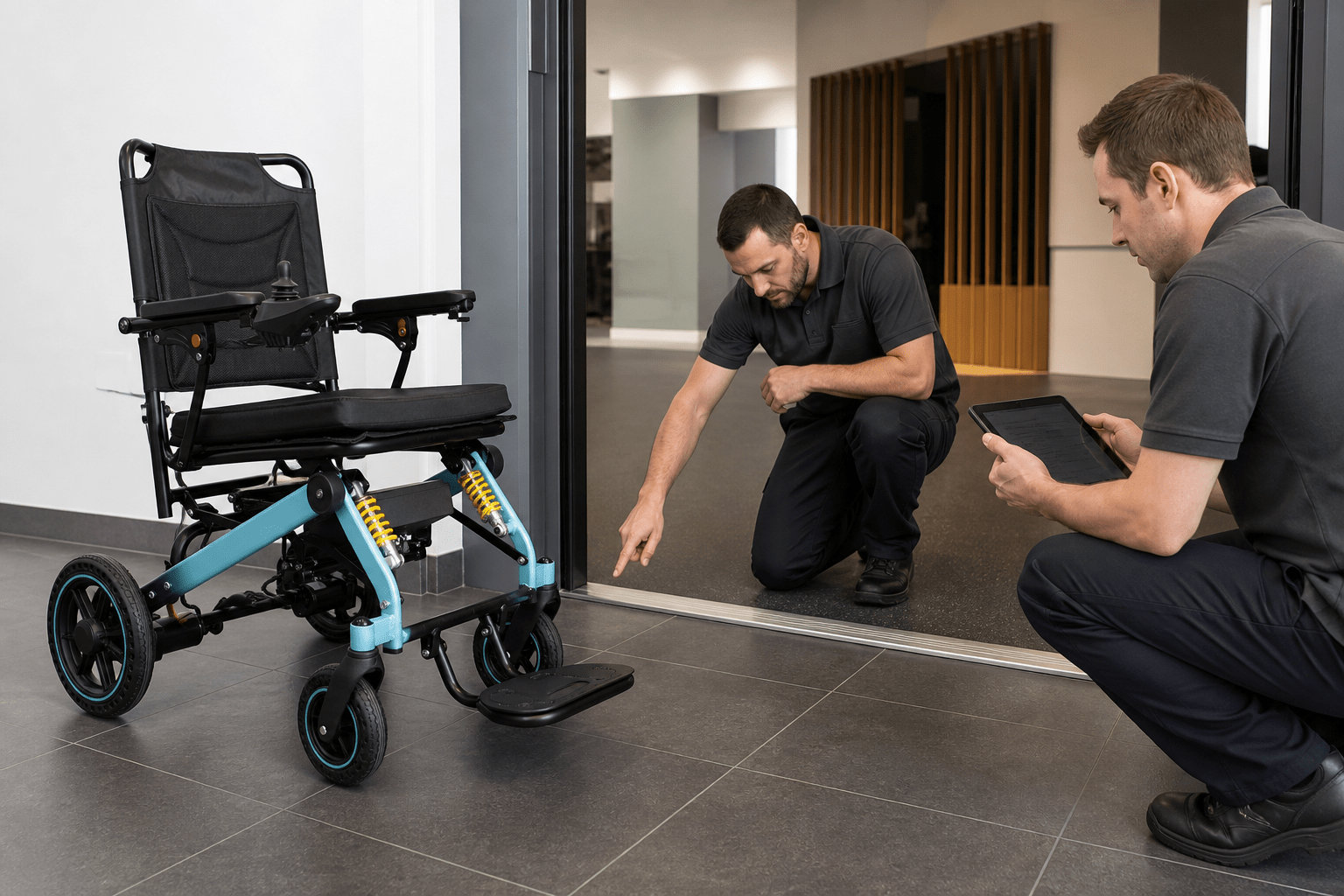 Facility staff mapping a doorway threshold for an electric wheelchair suspension review