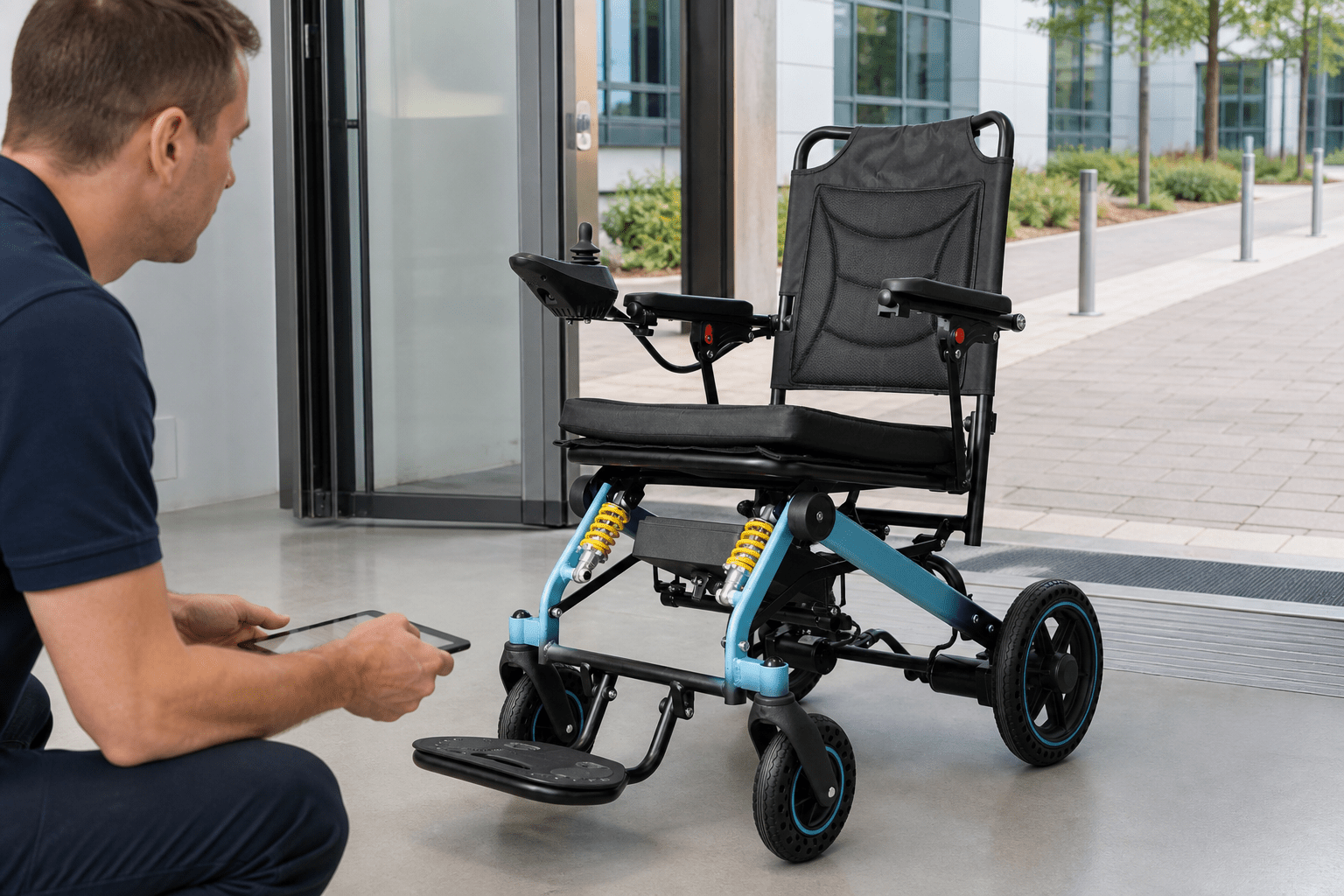 Product team reviewing an electric wheelchair with visible suspension near a facility entrance