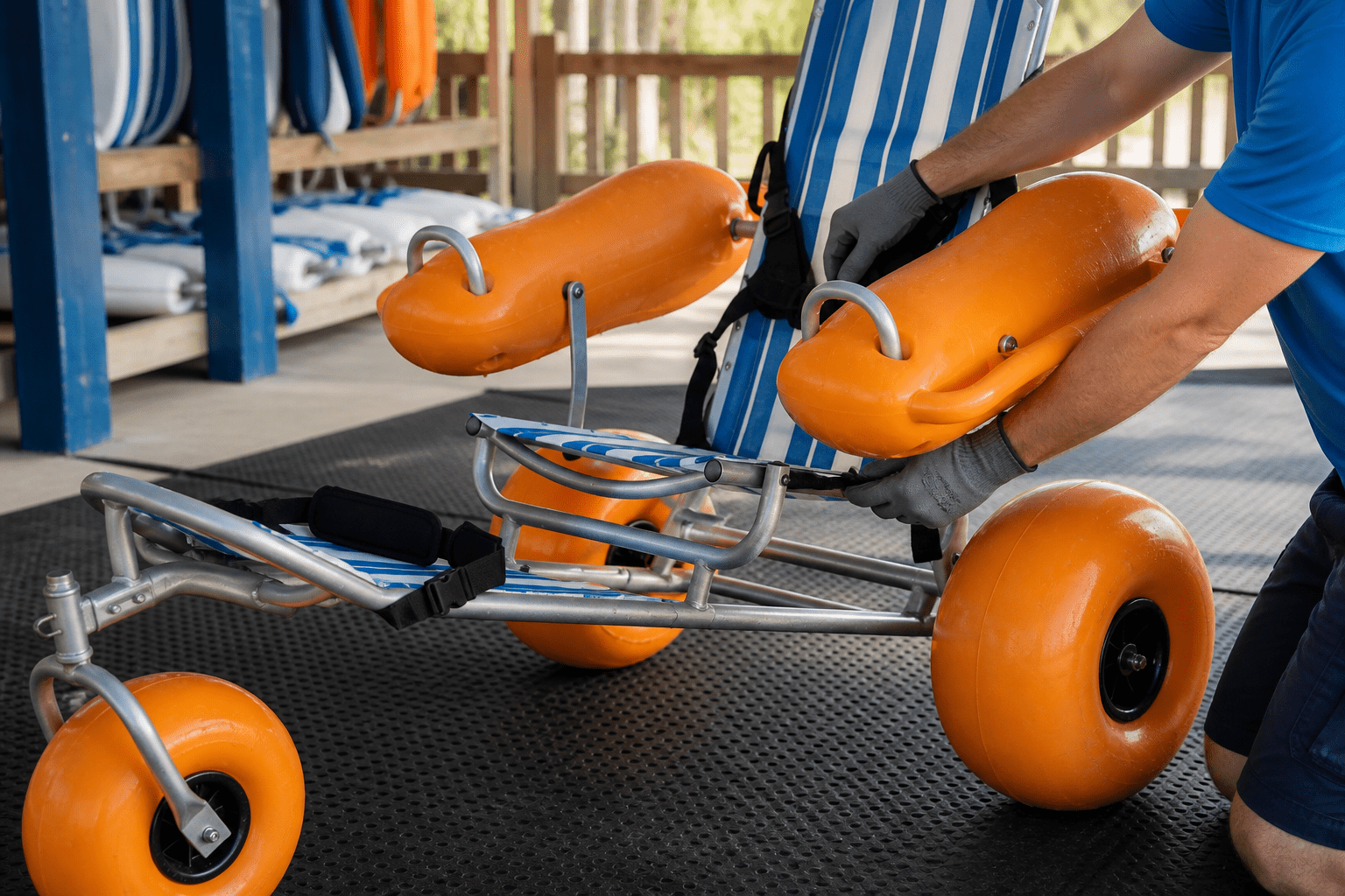 Staff checking straps and frame on a floating beach wheelchair