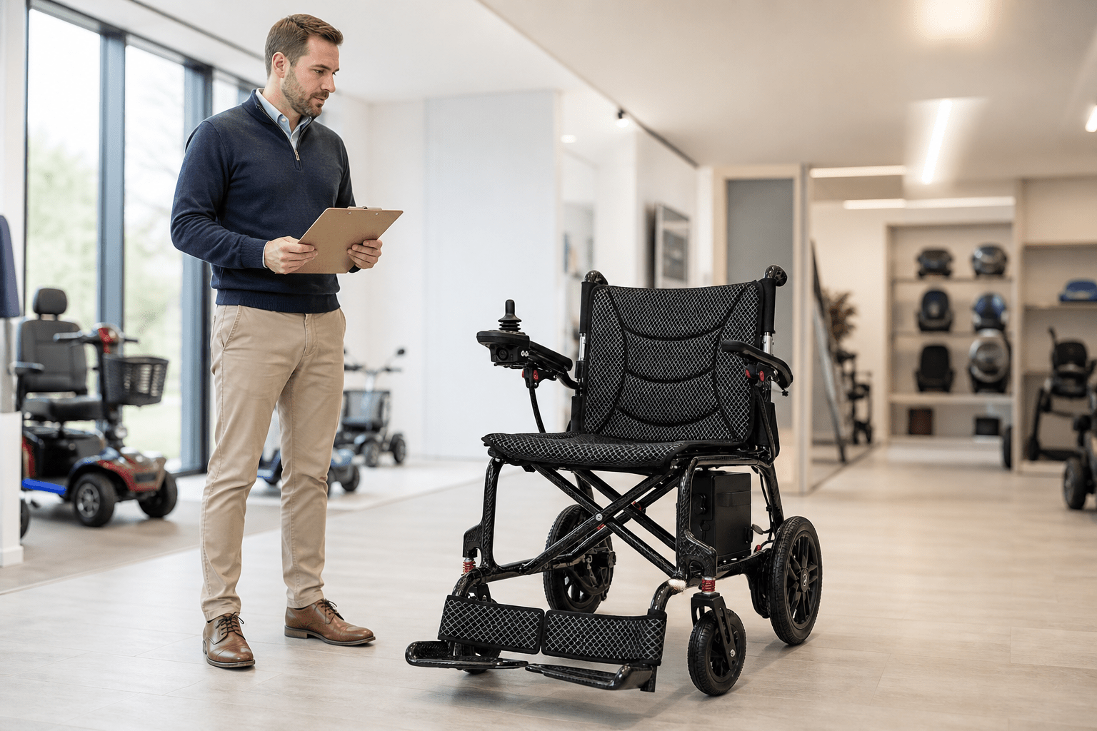 Procurement specialist reviewing a foldable power wheelchair in a showroom