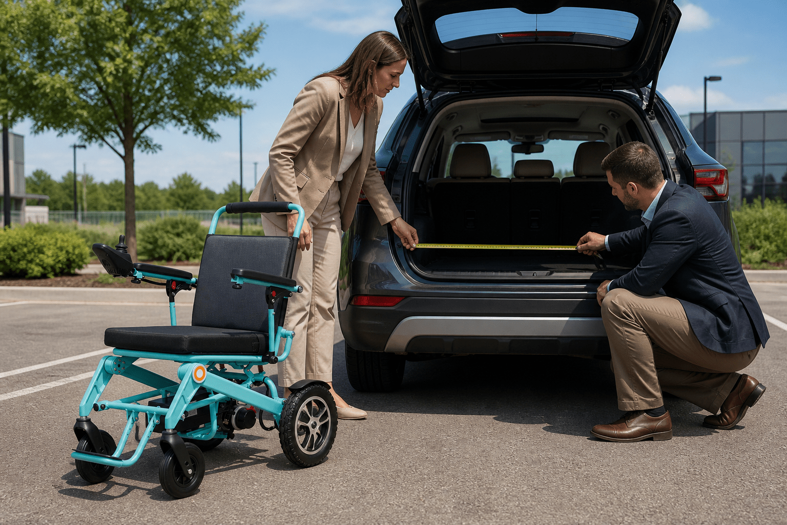 Buyers measuring vehicle cargo space beside a folding electric wheelchair