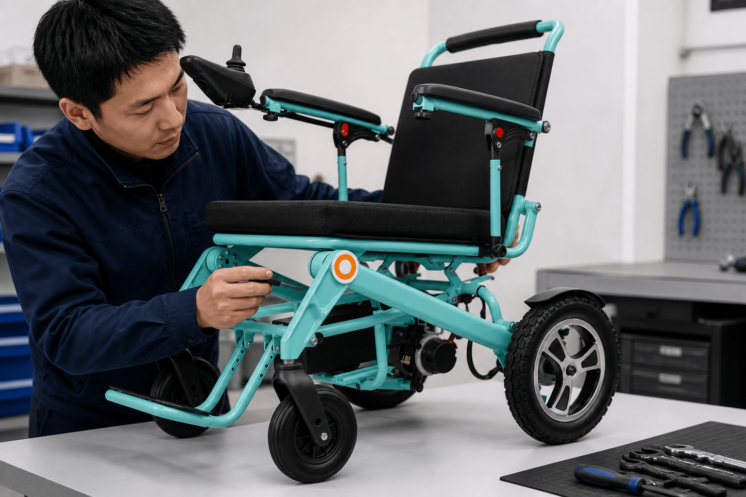 Engineer inspecting the folding joint of a teal electric wheelchair
