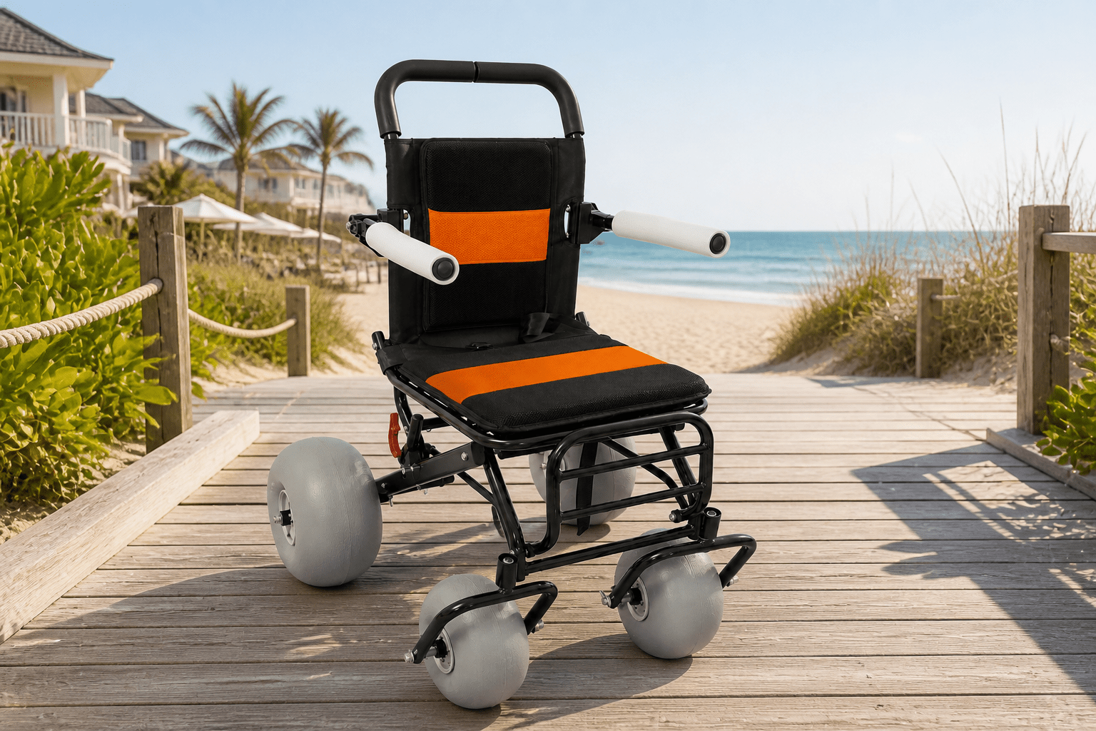 Lightweight beach wheelchair at a resort boardwalk entrance