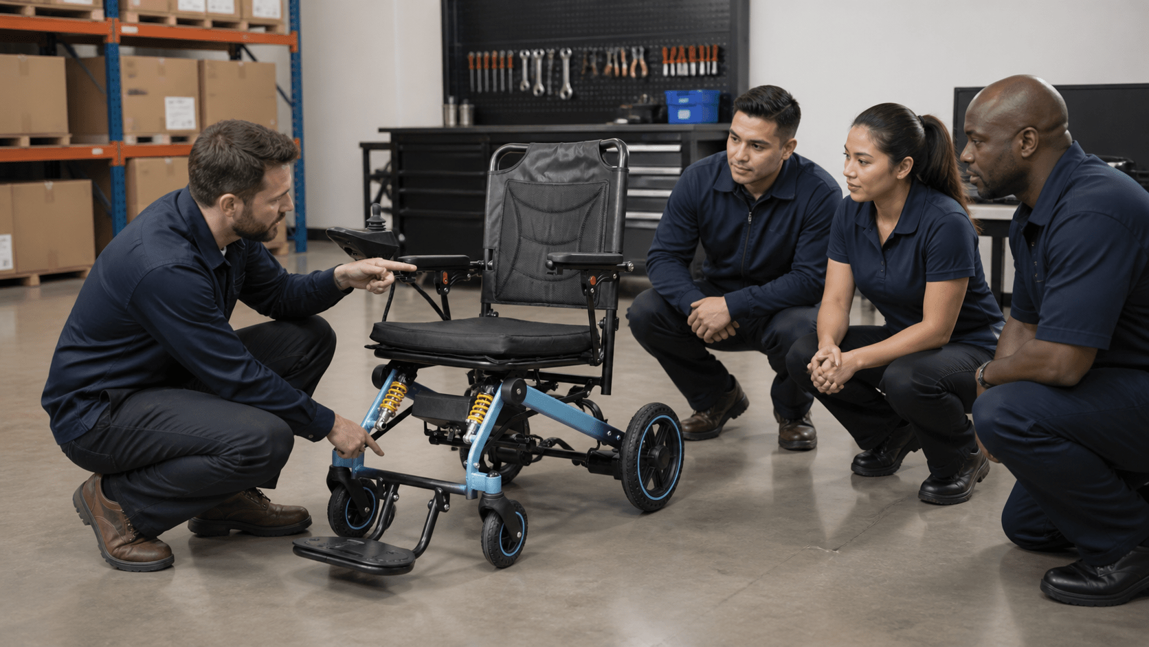 Staff learning controls on a delivered motorized wheelchair