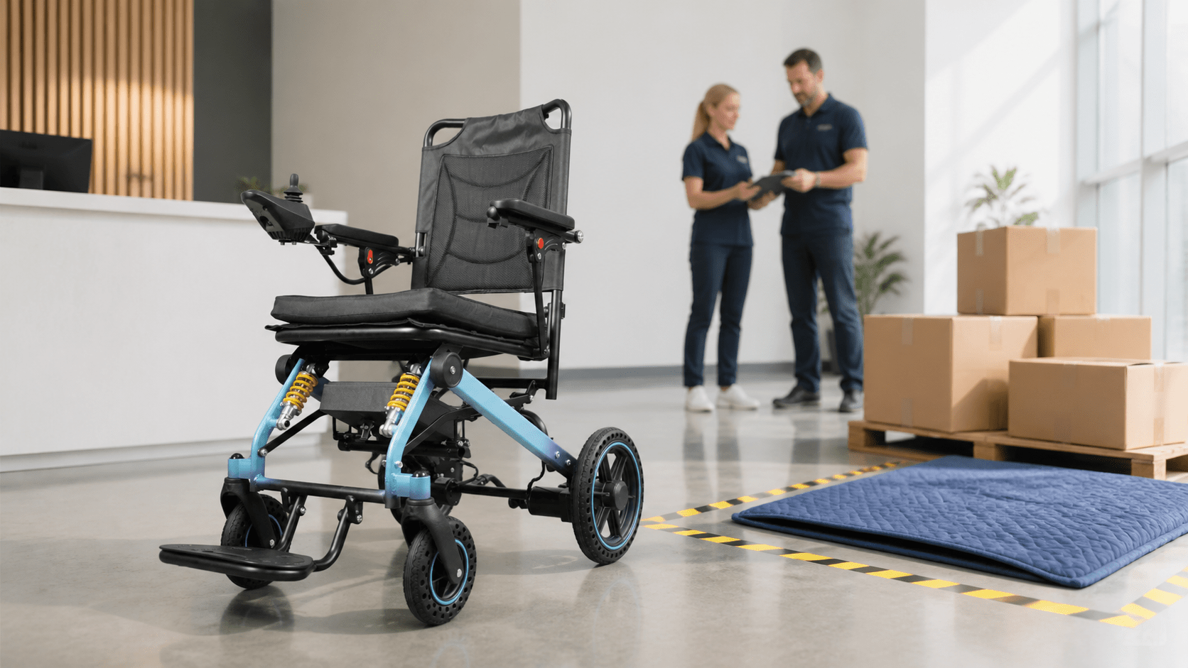 Motorized wheelchair staged for a professional receiving check