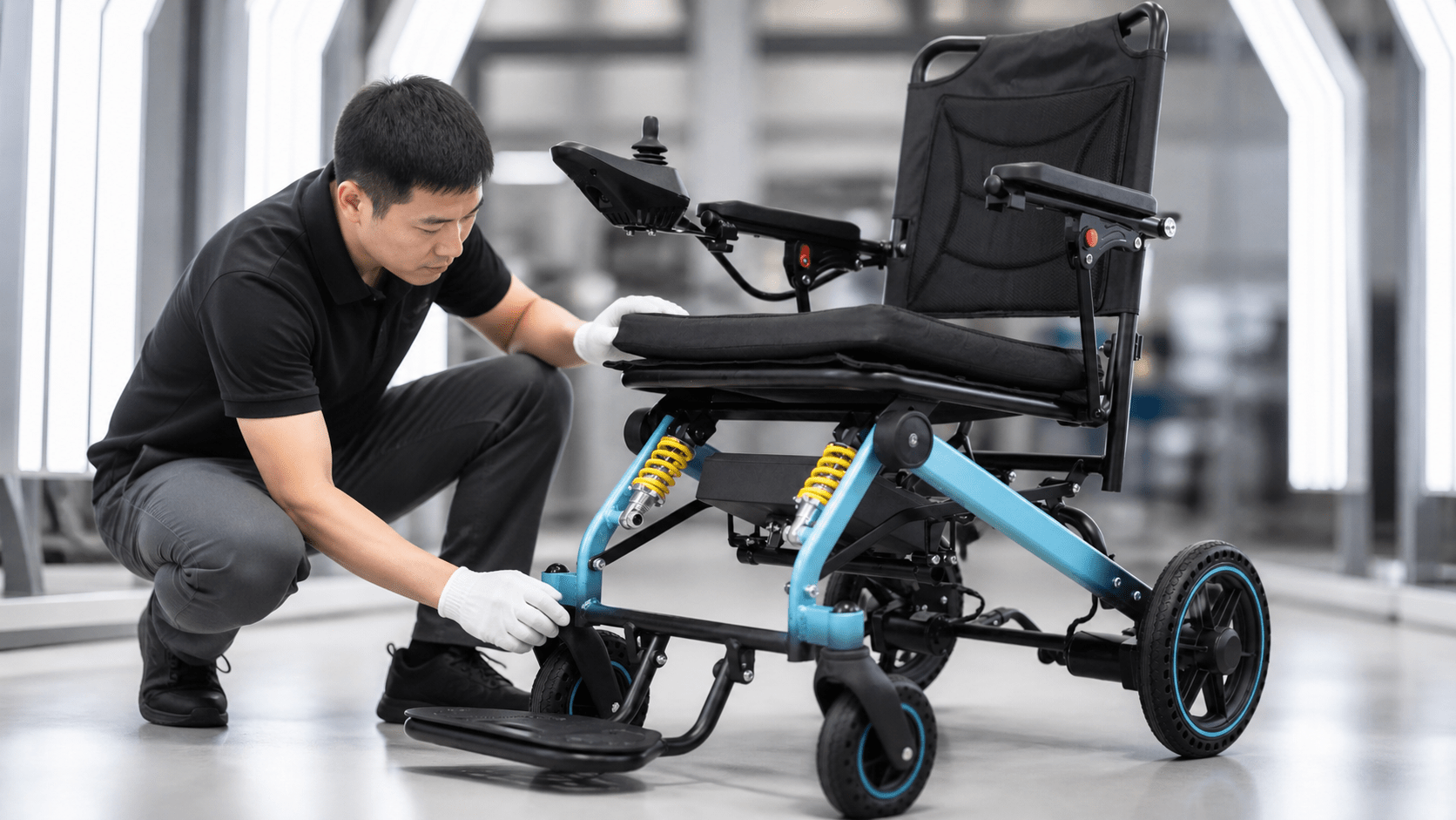 Technician performing a non-invasive motorized wheelchair inspection