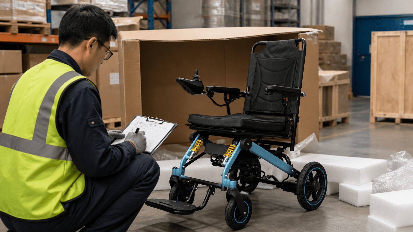 Warehouse worker checking a motorized wheelchair delivery