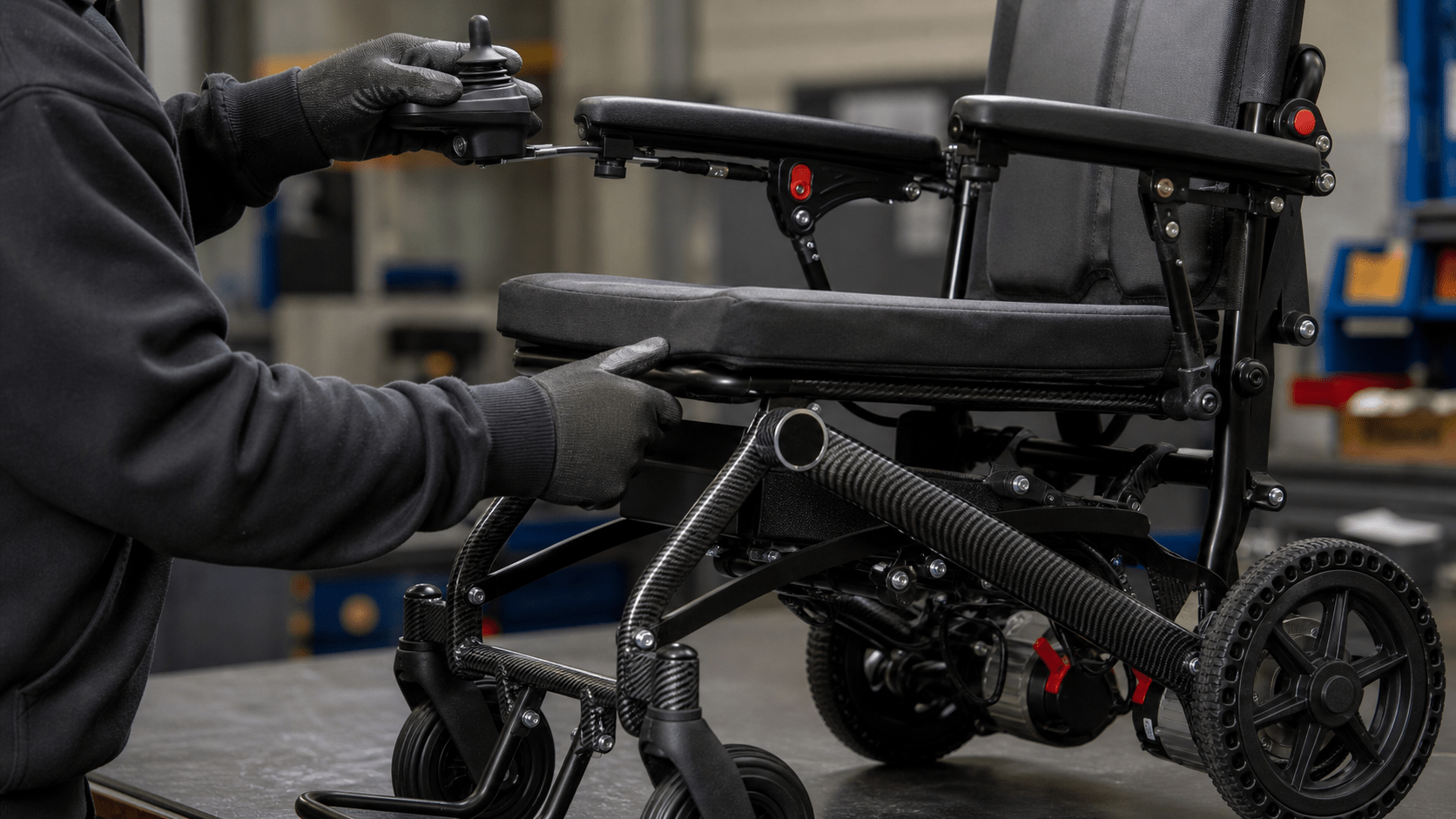 Technician checking a power wheelchair joystick mount and frame