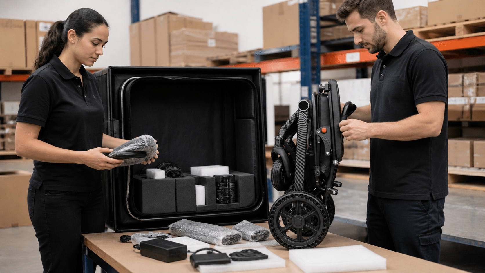 Warehouse staff reviewing protection for a folded power wheelchair
