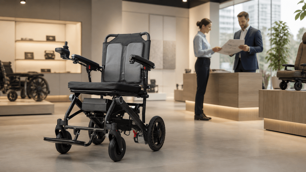 Power wheelchair sample in a professional supplier review showroom