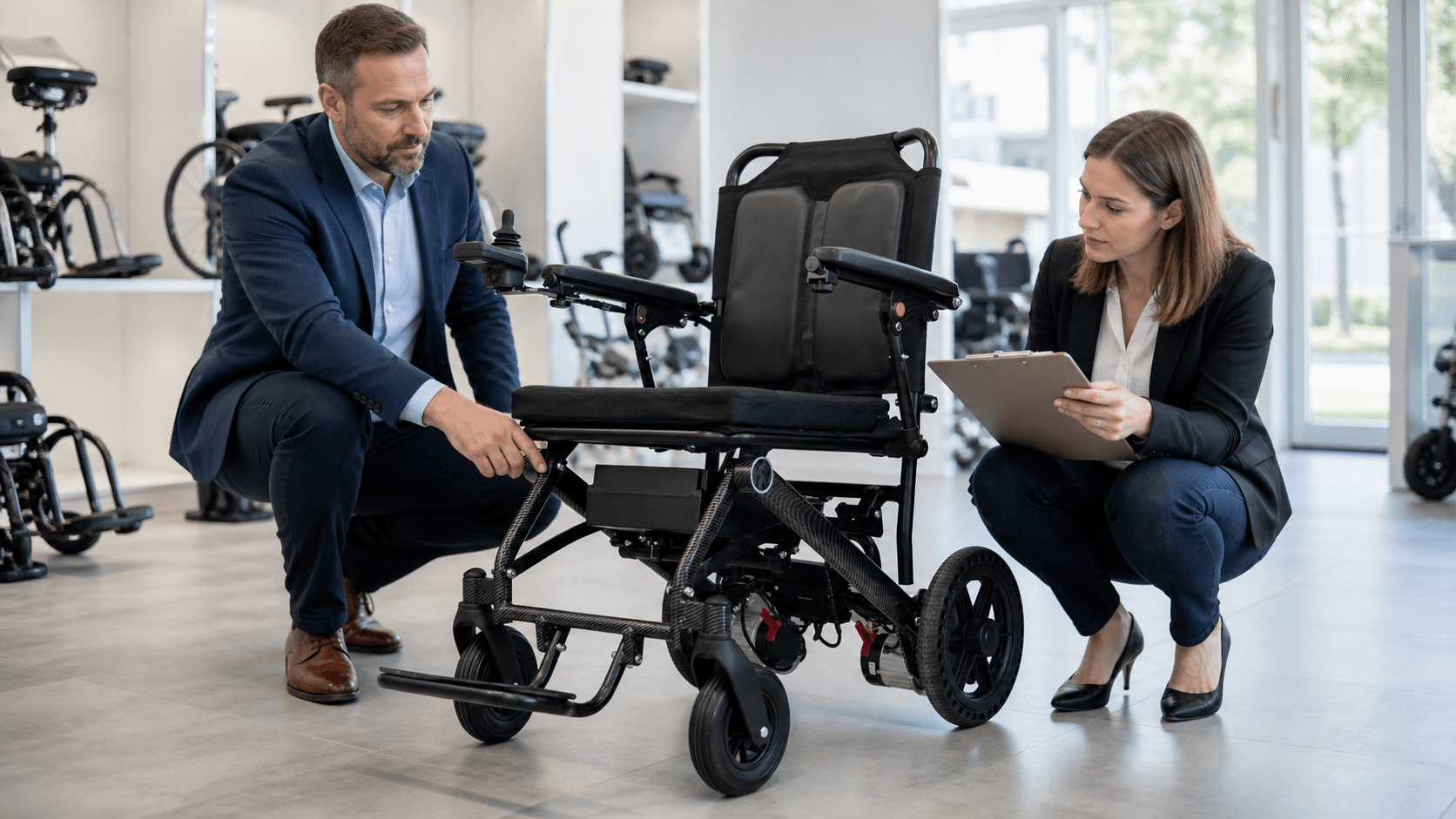 Buyer and supplier representative reviewing a power wheelchair sample