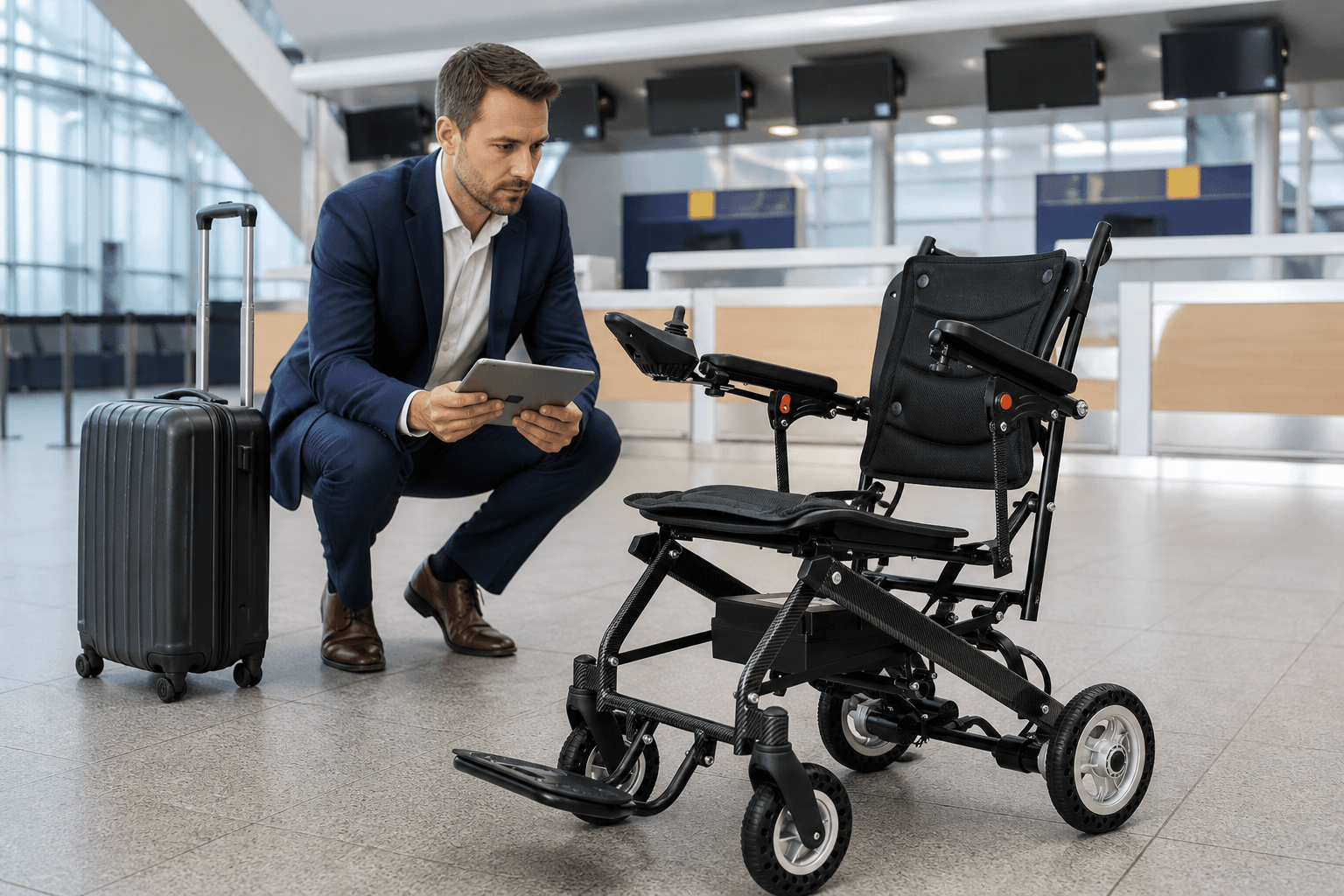 Travel electric wheelchair reviewed beside luggage in an airport terminal