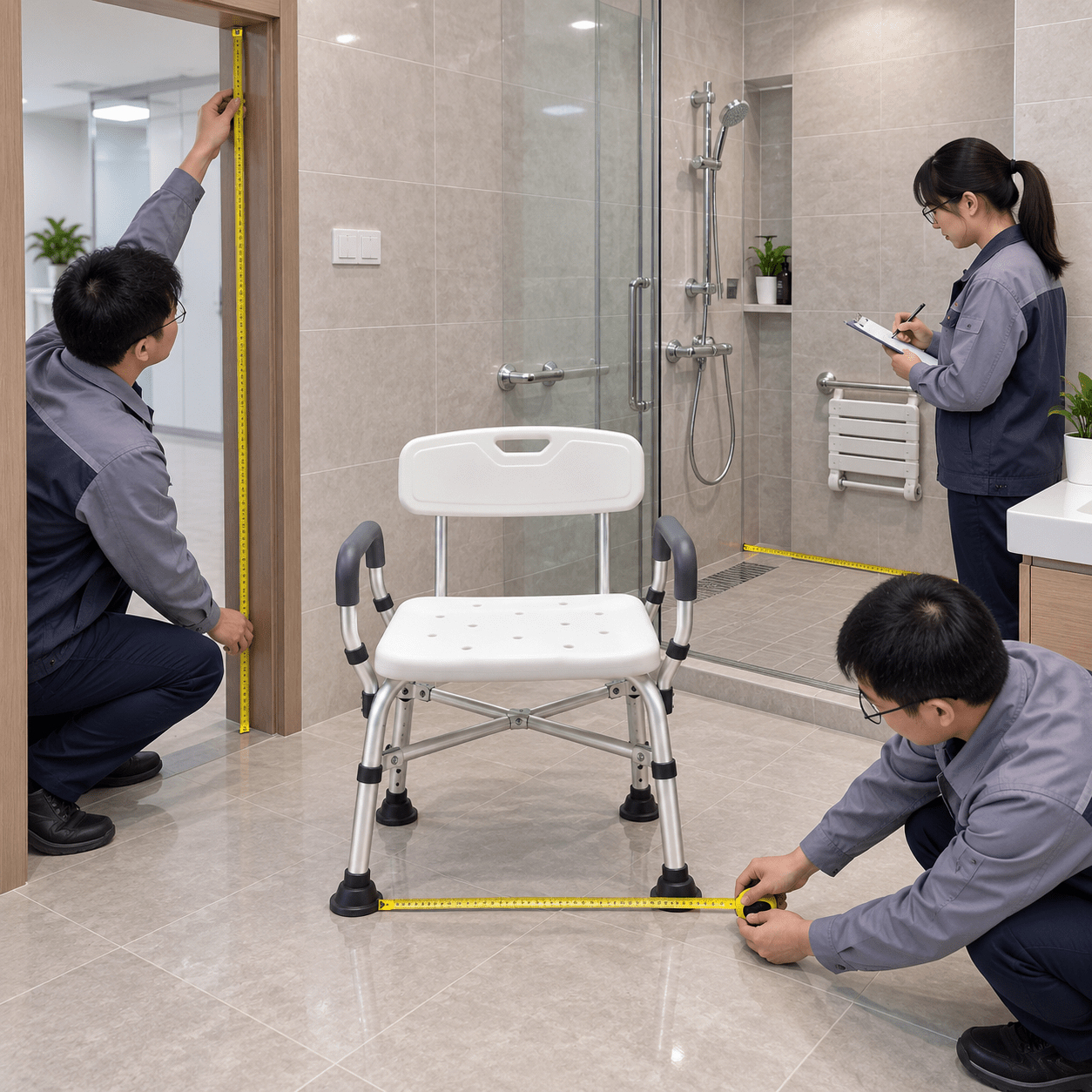 Large chair placed in a measured bathroom mock-up