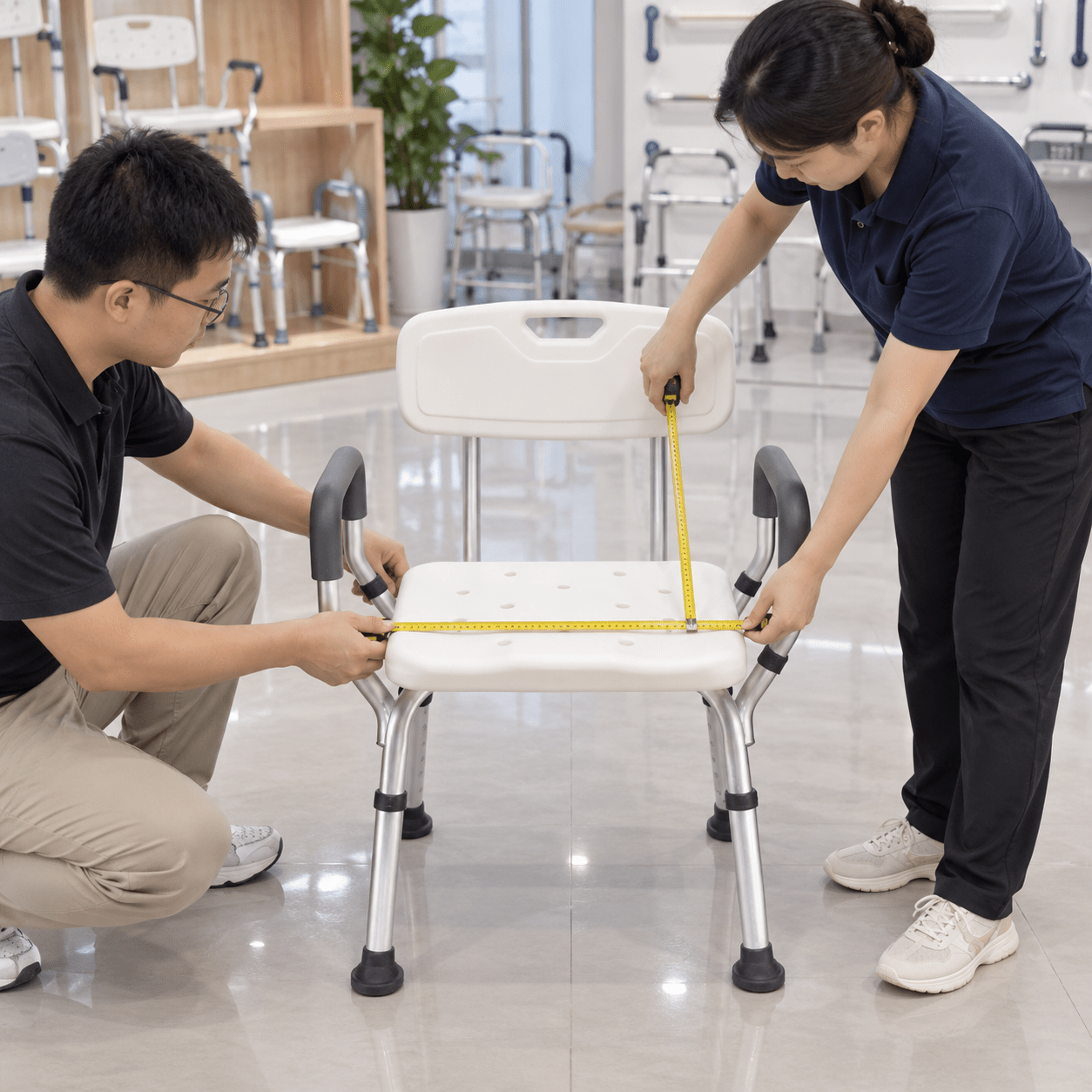 Wide empty chair beside fit measurement tools