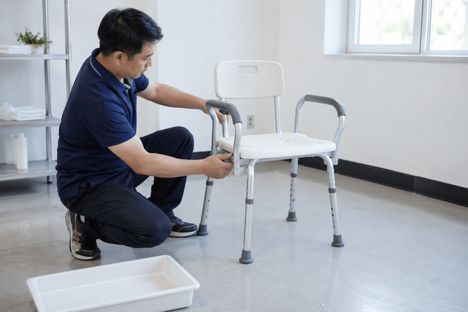 Technician restoring a folded shower chair