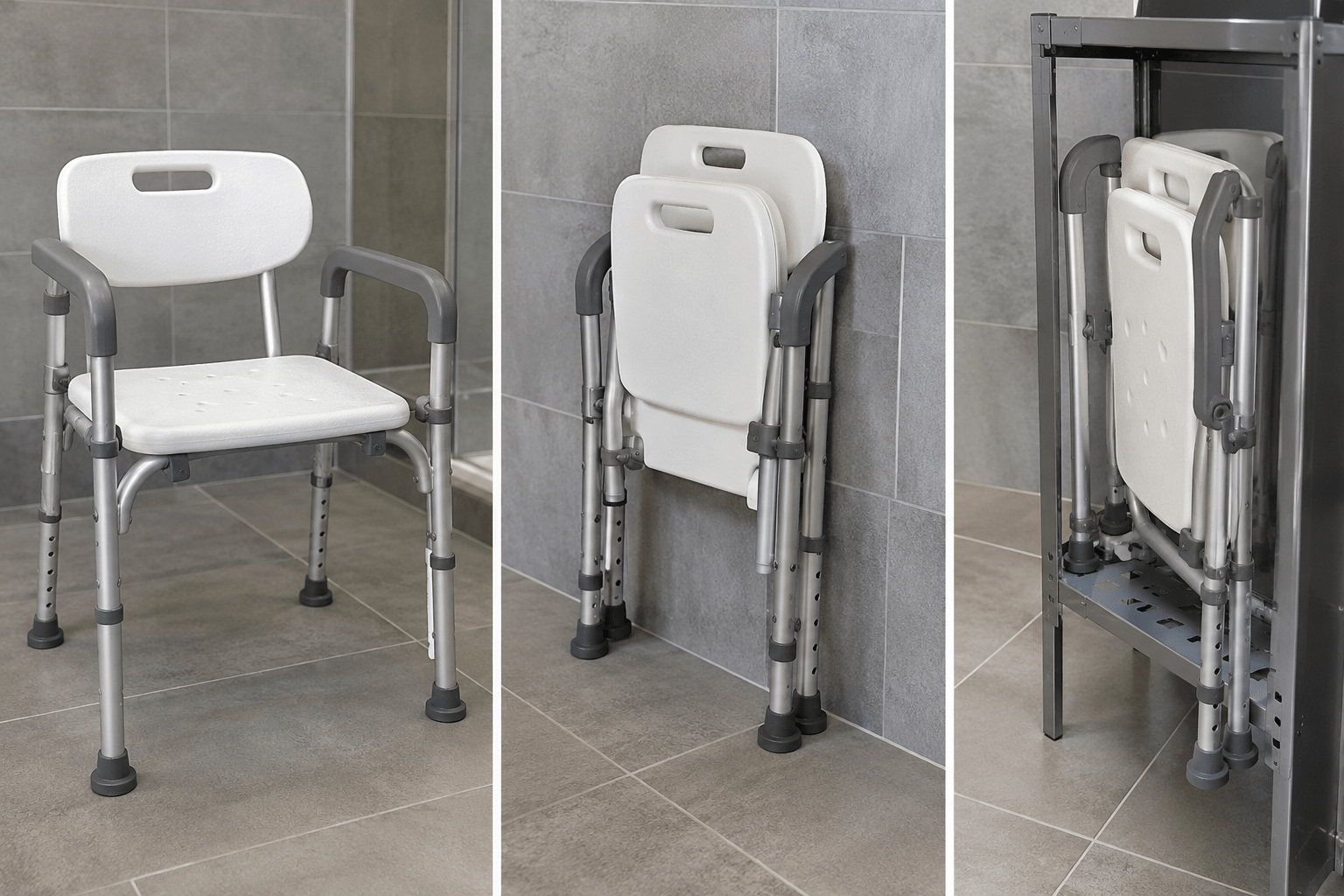 Assembled folded and stored shower-chair states