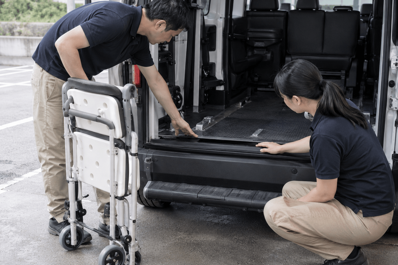 Folded shower chair beside a vehicle cargo area