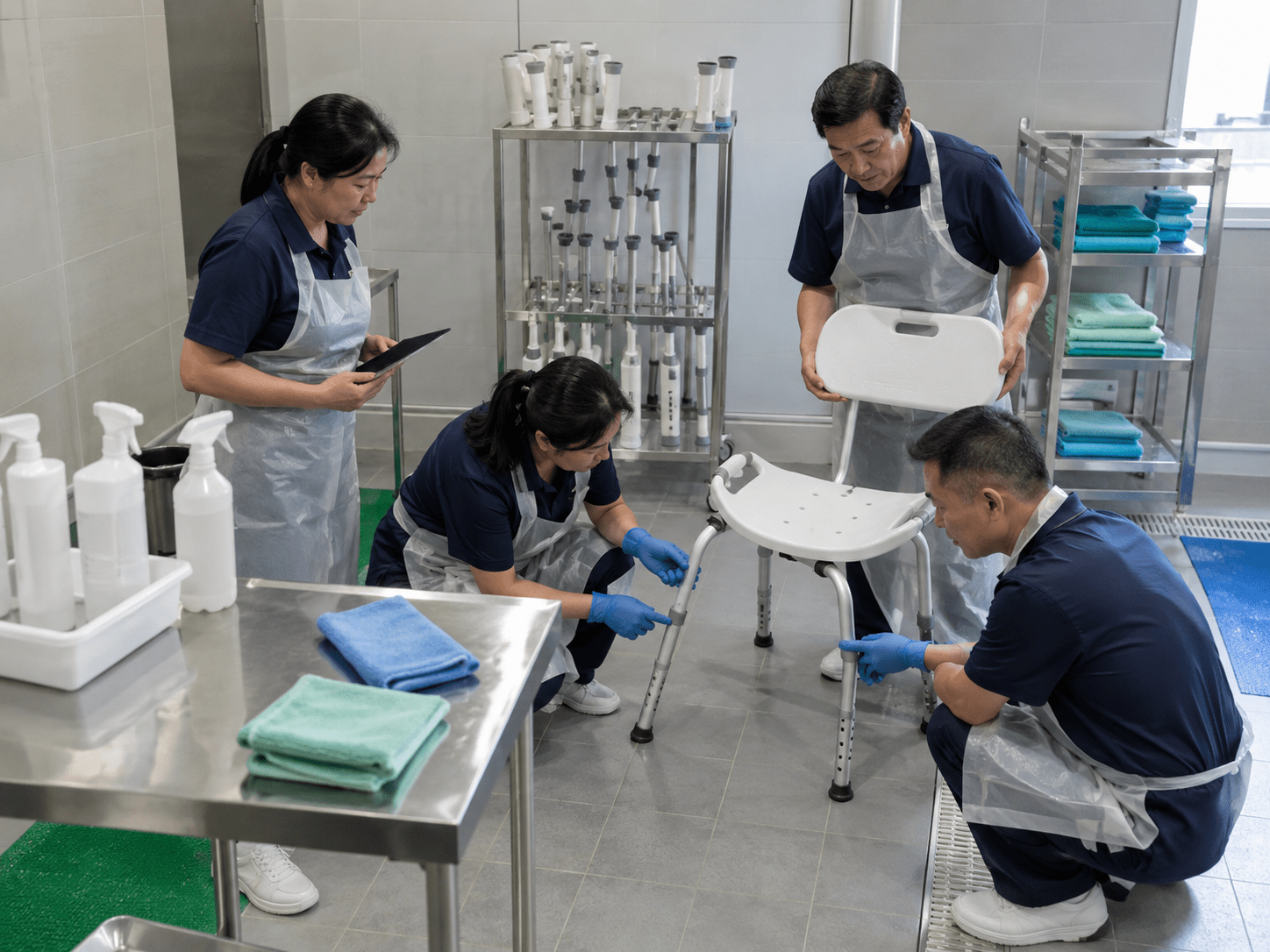 Cleaning-workflow review with an empty shower chair