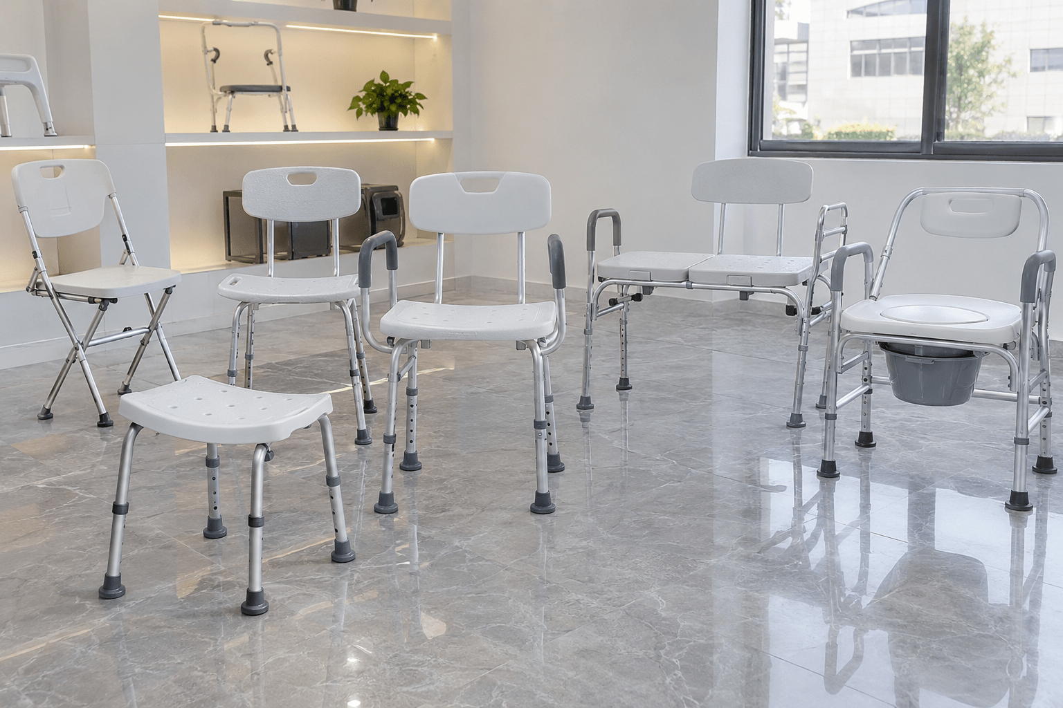 Bathing-seat product families in a facility review area