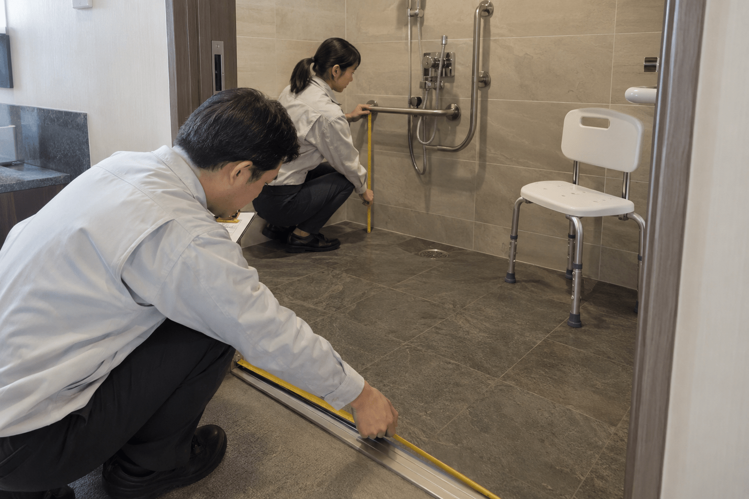 Facility staff measuring different bathroom layouts