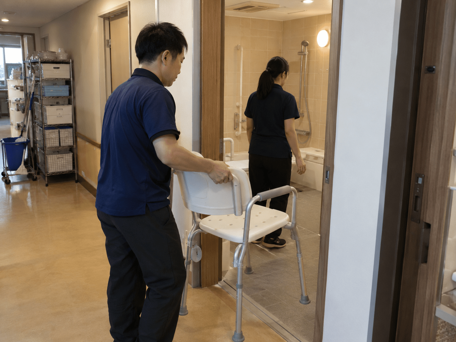 Institutional sample trial across a bathroom route