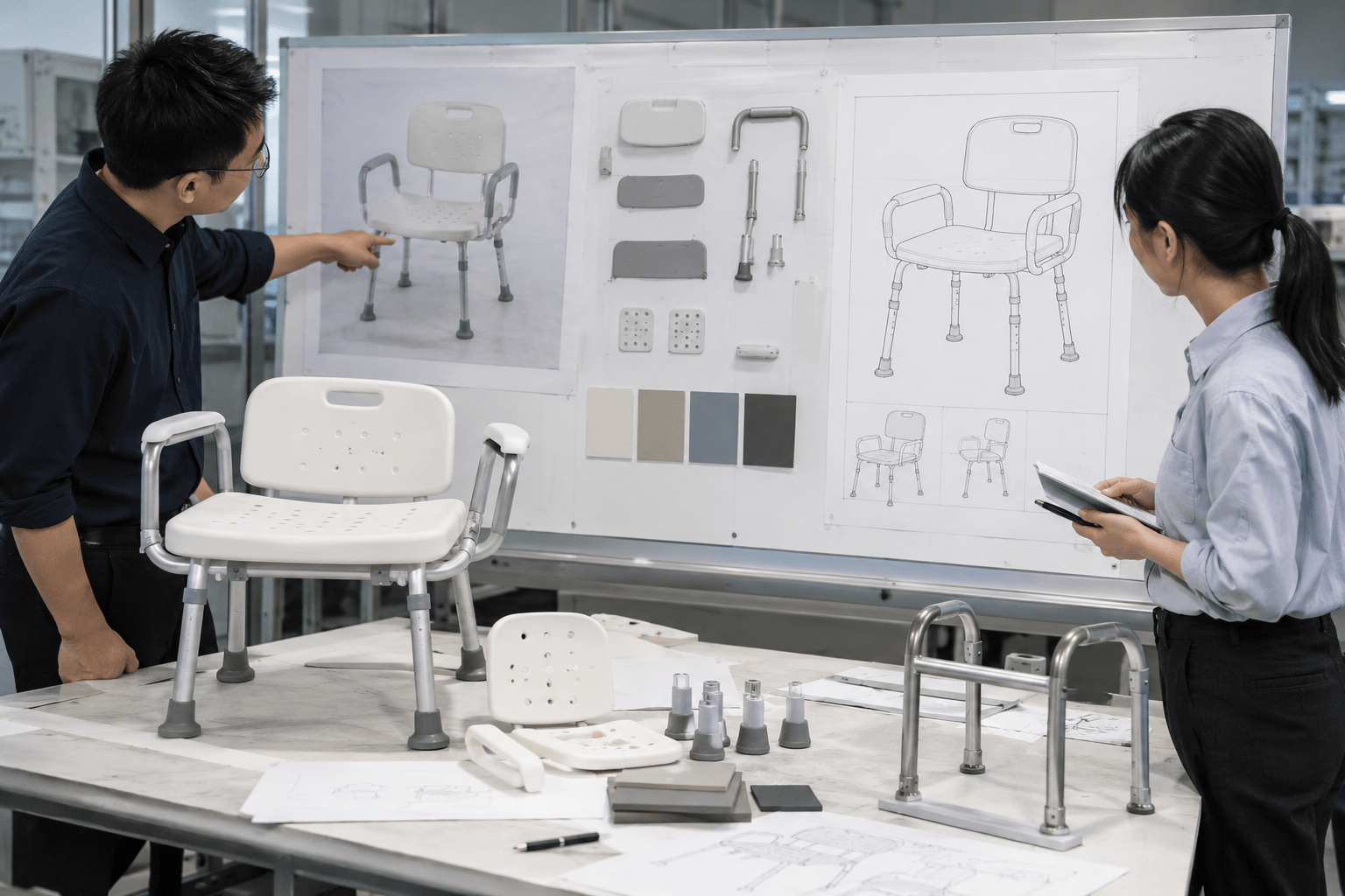 OEM shower-chair development levels on a design board