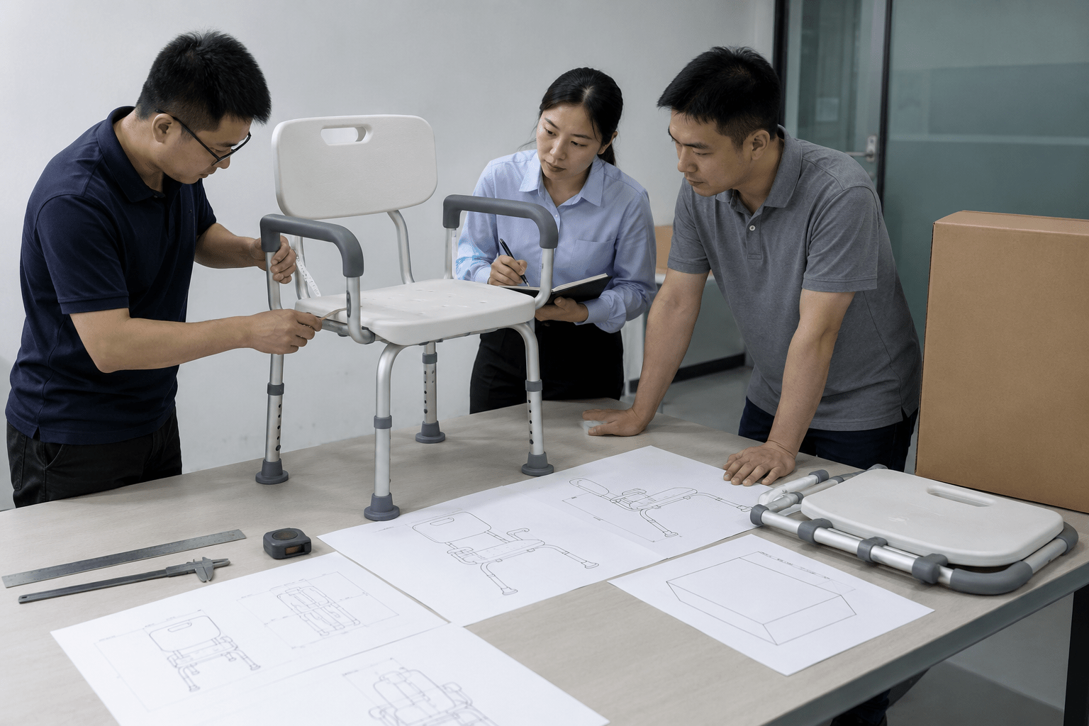 Design team reviewing blank dimension drawings
