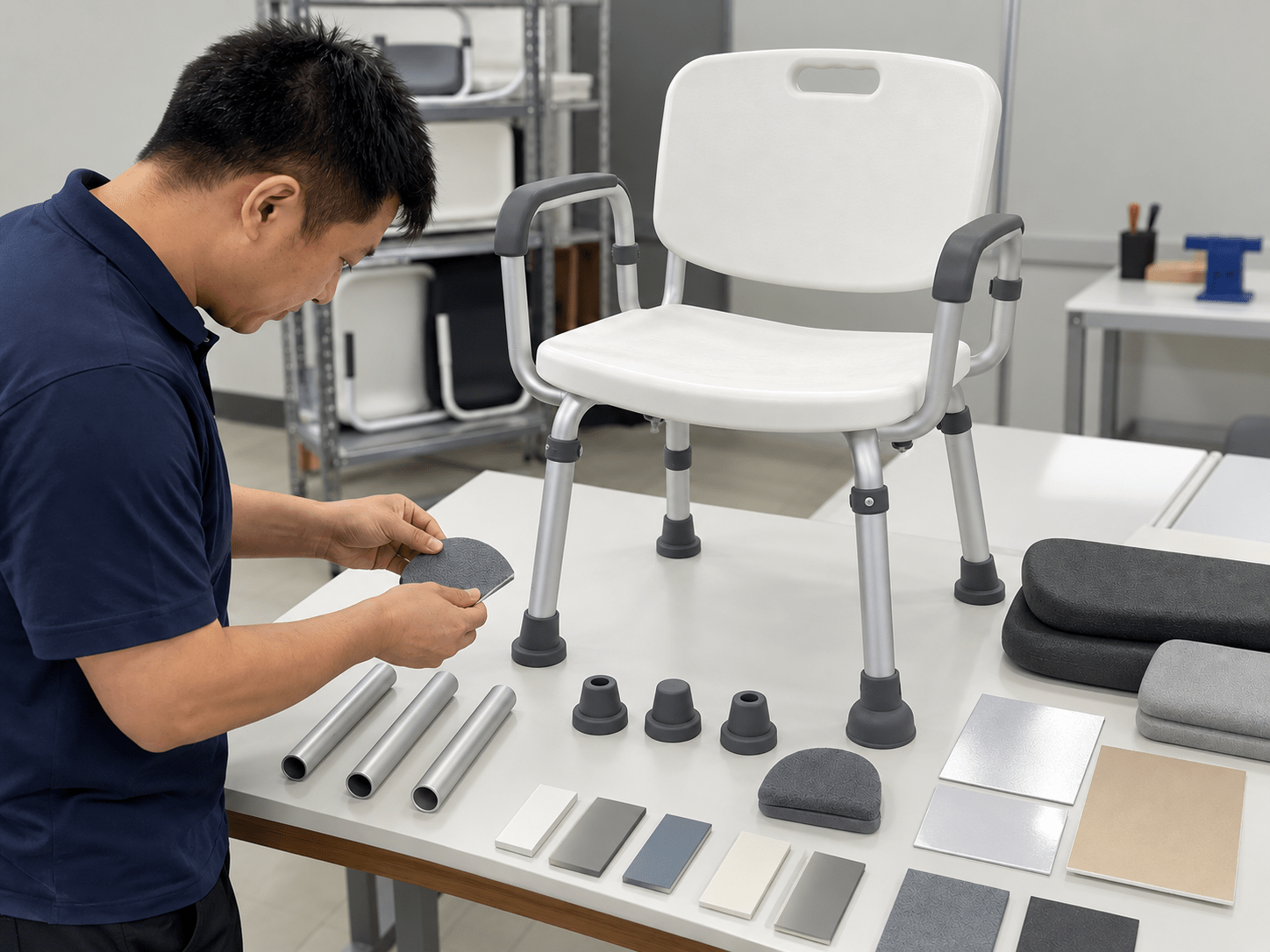 Material and finish samples beside a prototype